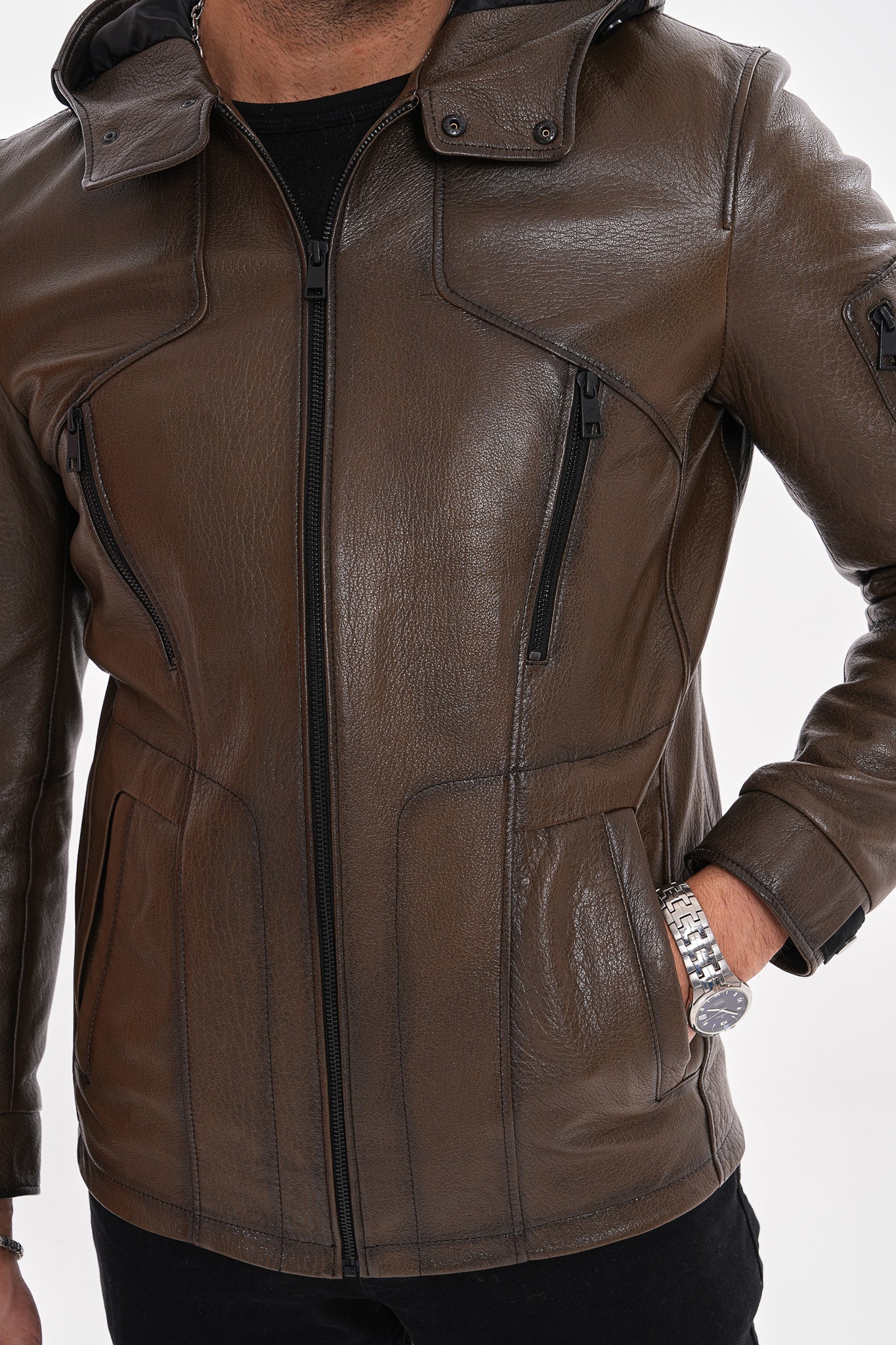 The Veneto Khaki Leather Hooded Men Jacket