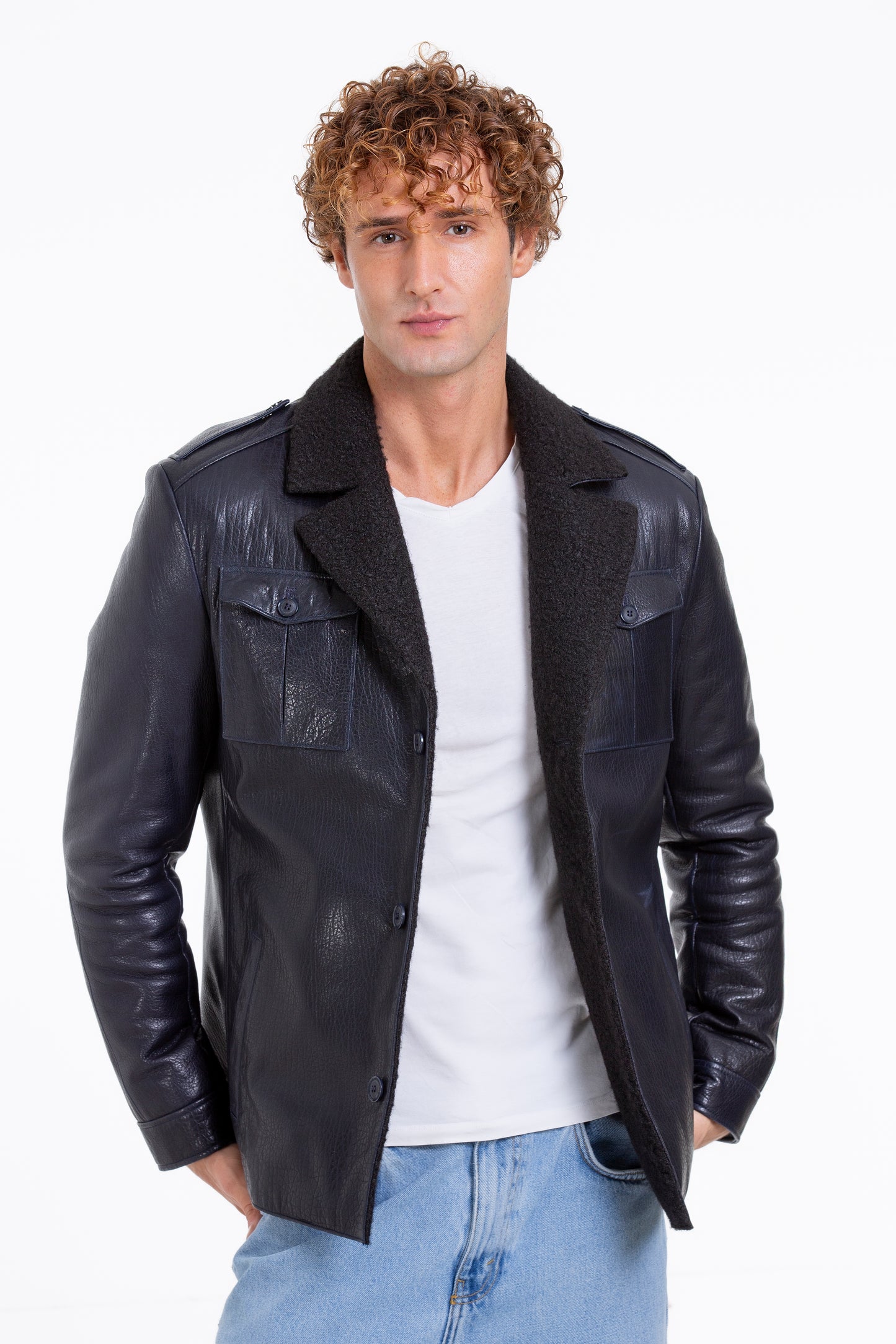 Chaqueta de piel de oveja azul marino de Ponsonby para hombre