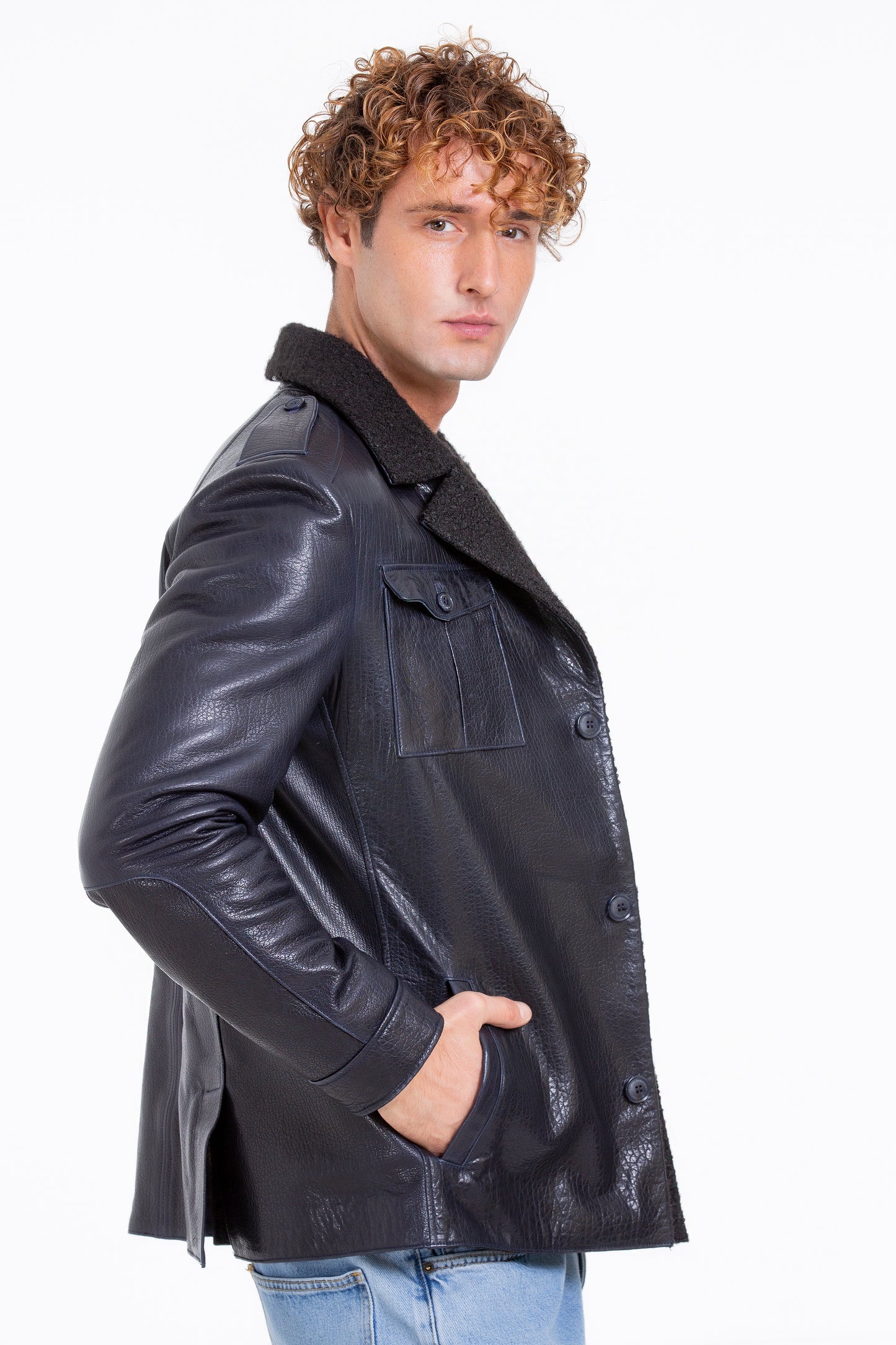 Chaqueta de piel de oveja azul marino de Ponsonby para hombre