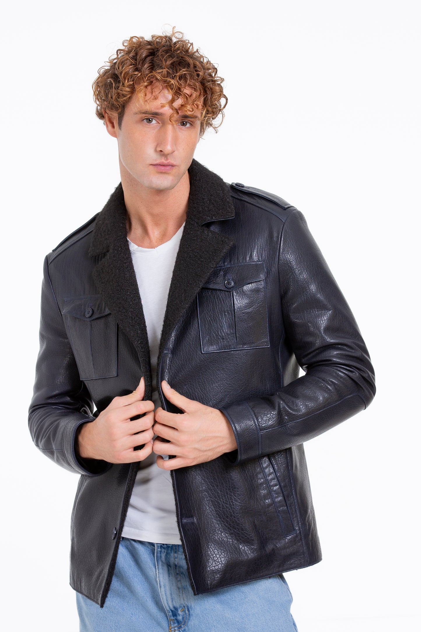 Chaqueta de piel de oveja azul marino de Ponsonby para hombre