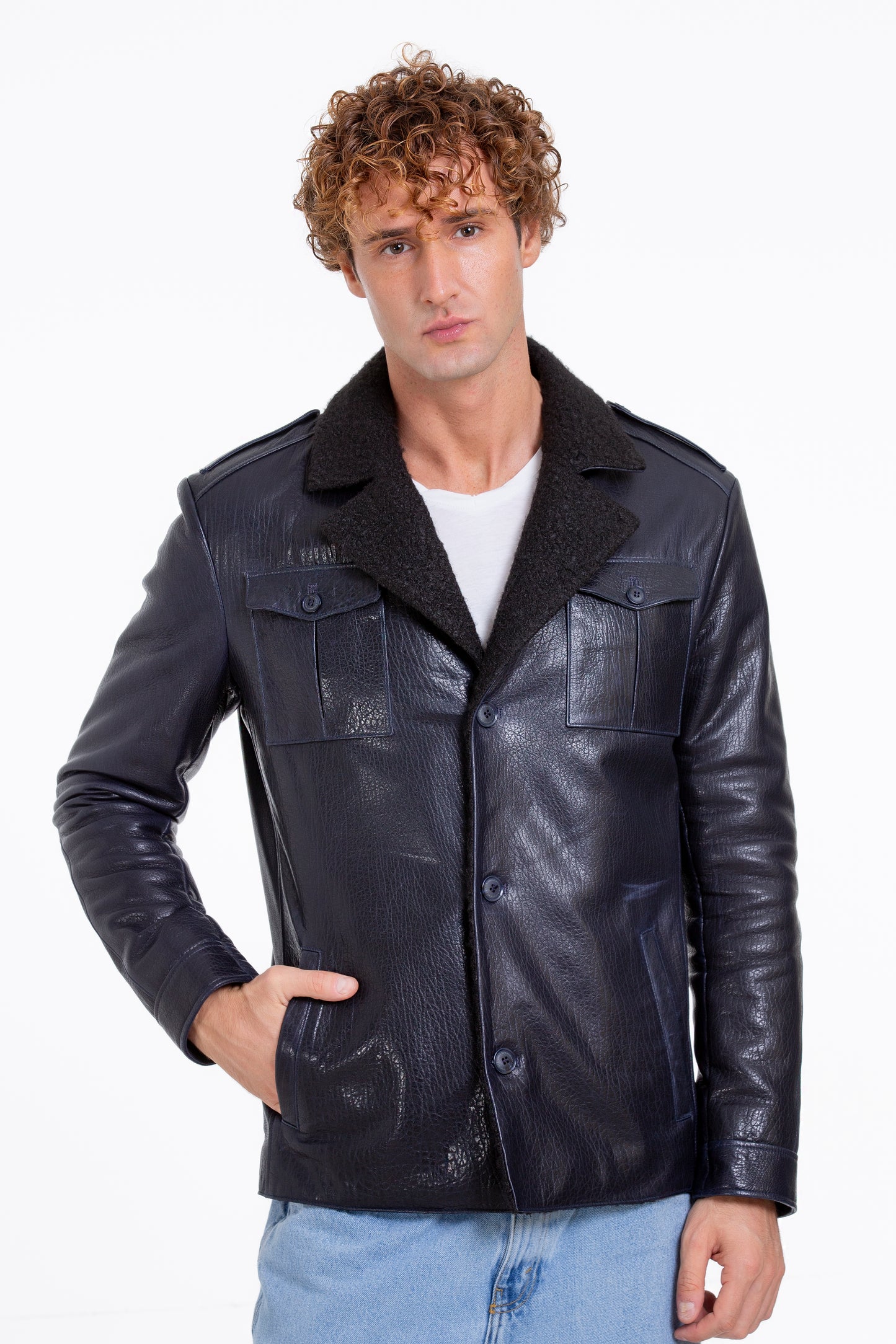 Chaqueta de piel de oveja azul marino de Ponsonby para hombre