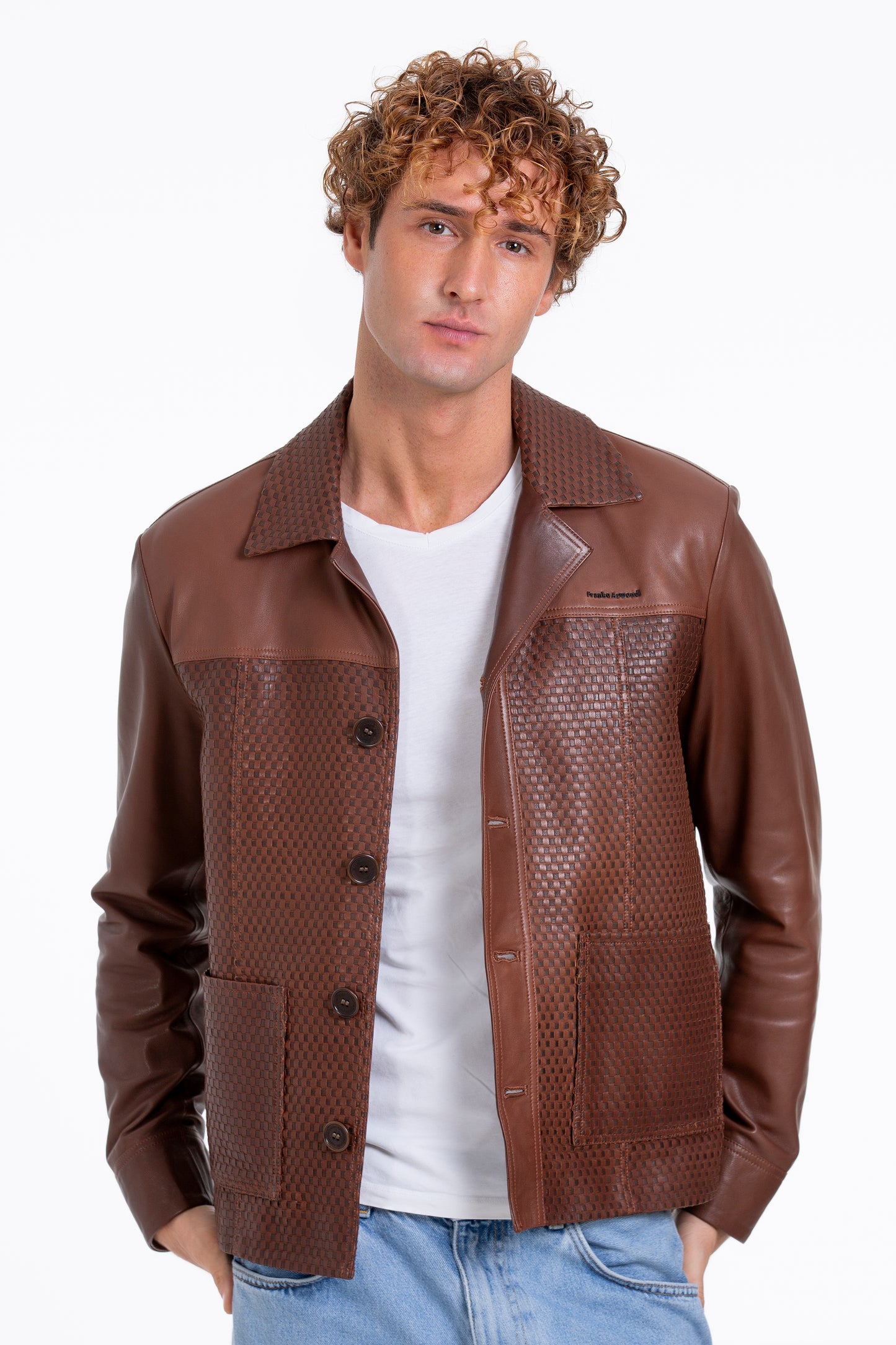 Chaqueta de cuero tejida a mano para hombre en color tostado de Glasgow