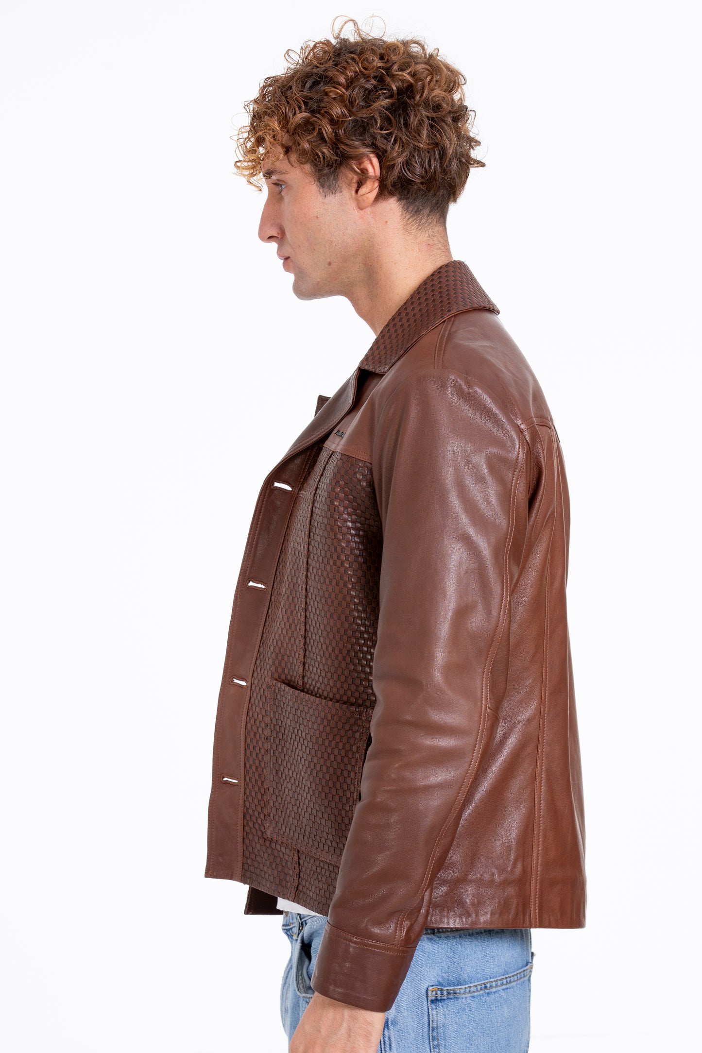 Chaqueta de cuero tejida a mano para hombre en color tostado de Glasgow