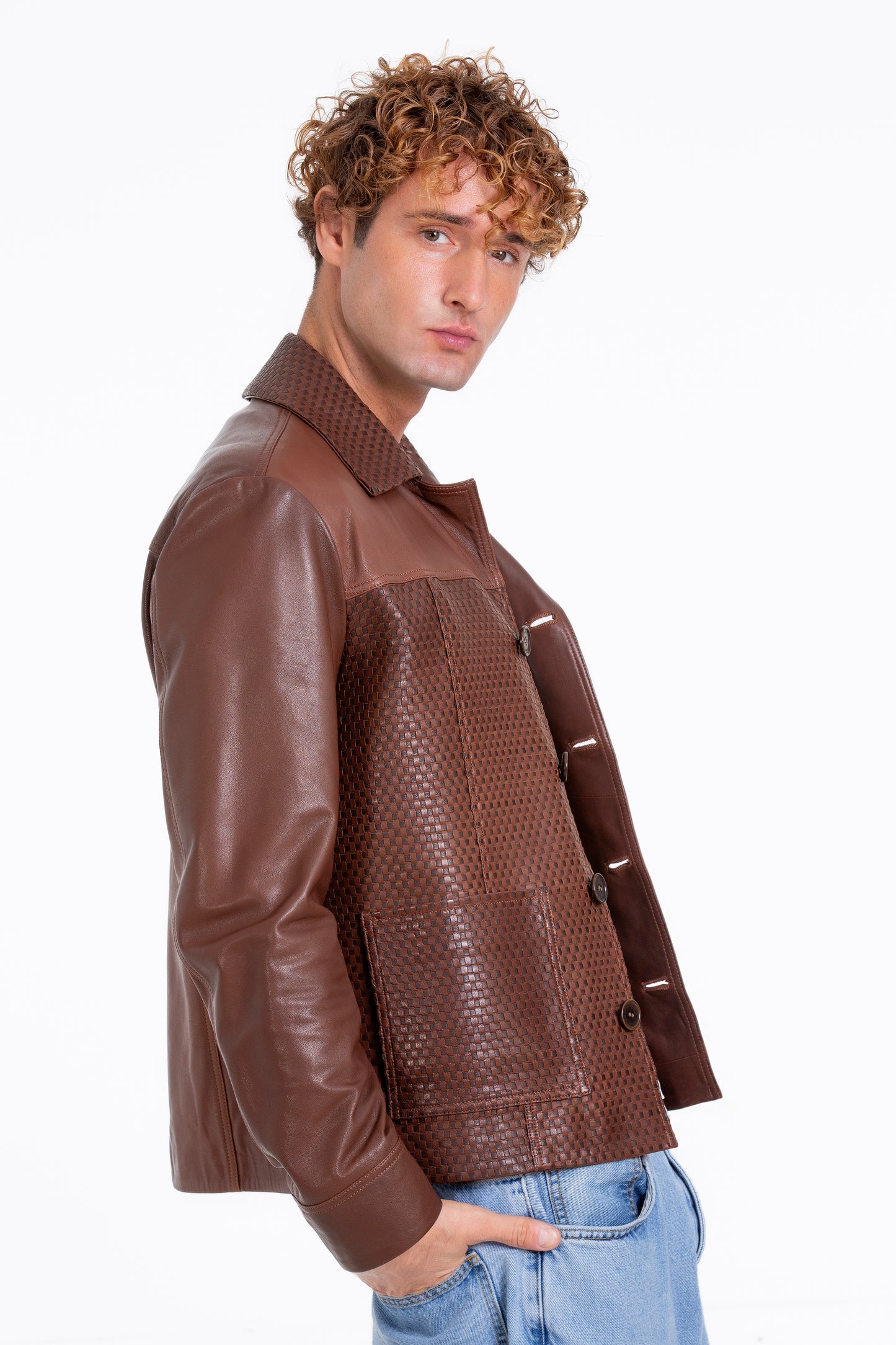 Chaqueta de cuero tejida a mano para hombre en color tostado de Glasgow