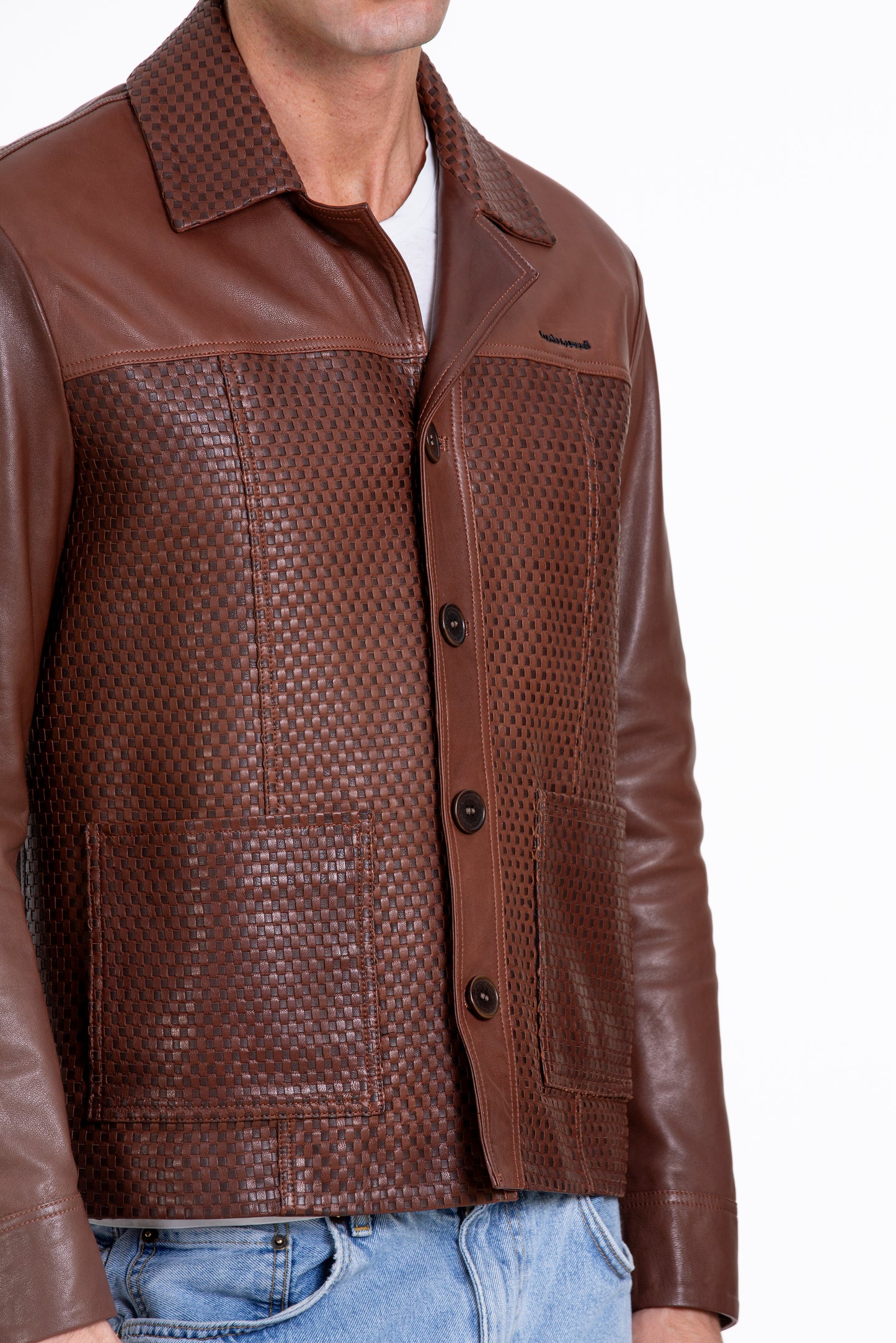 Chaqueta de cuero tejida a mano para hombre en color tostado de Glasgow