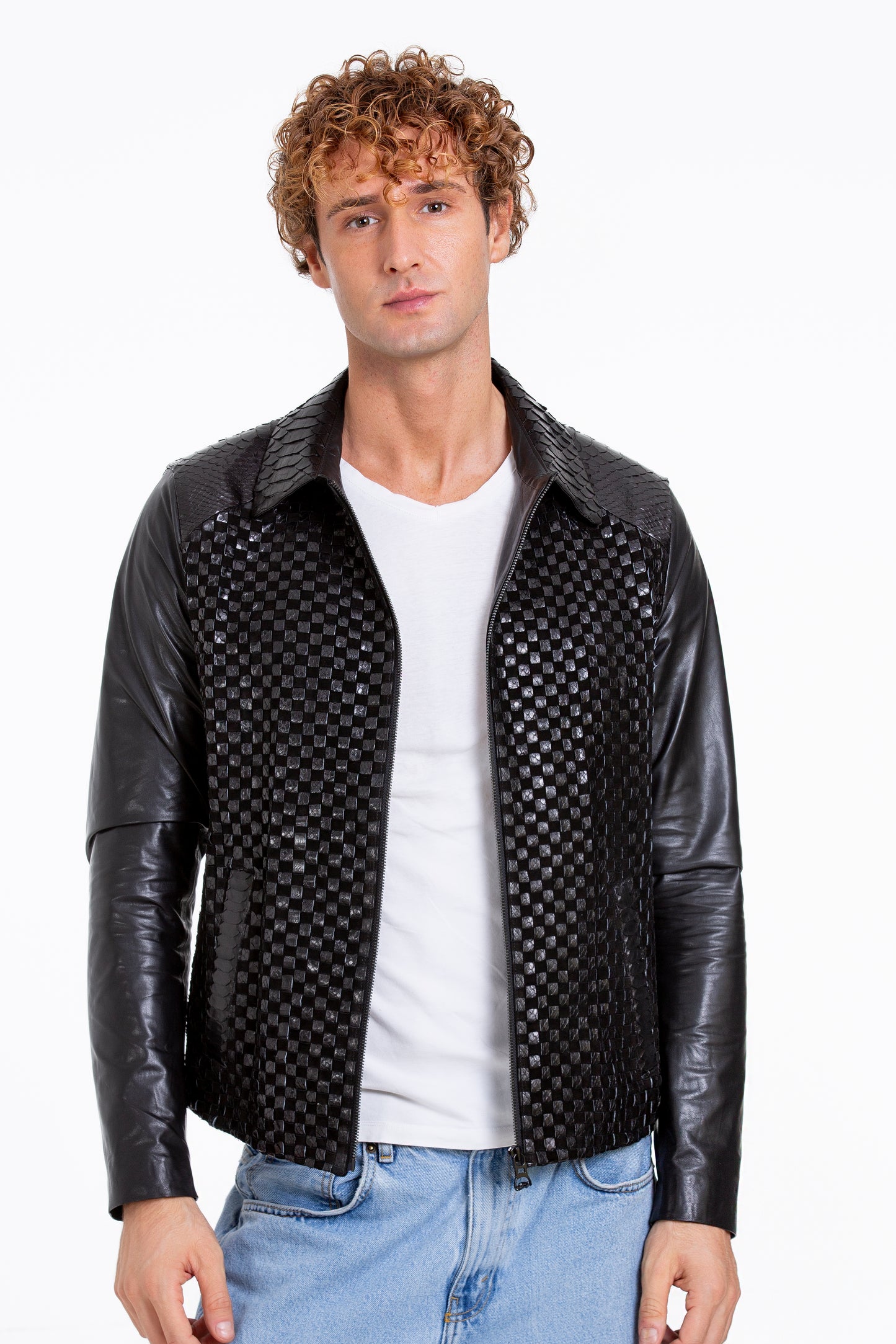 Chaqueta de piel de pitón tejida a mano de color negro para hombre de Bedford