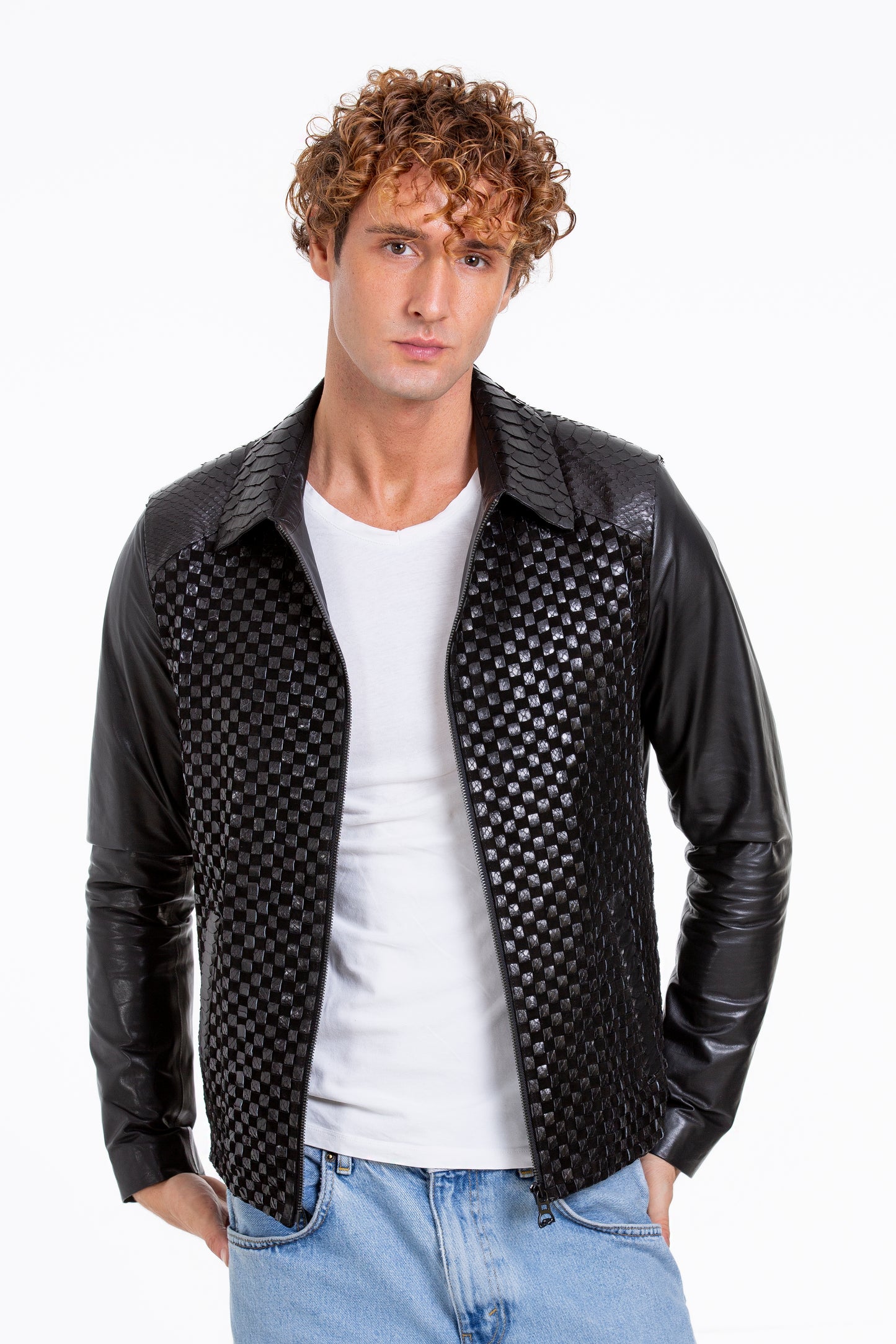 Chaqueta de piel de pitón tejida a mano de color negro para hombre de Bedford