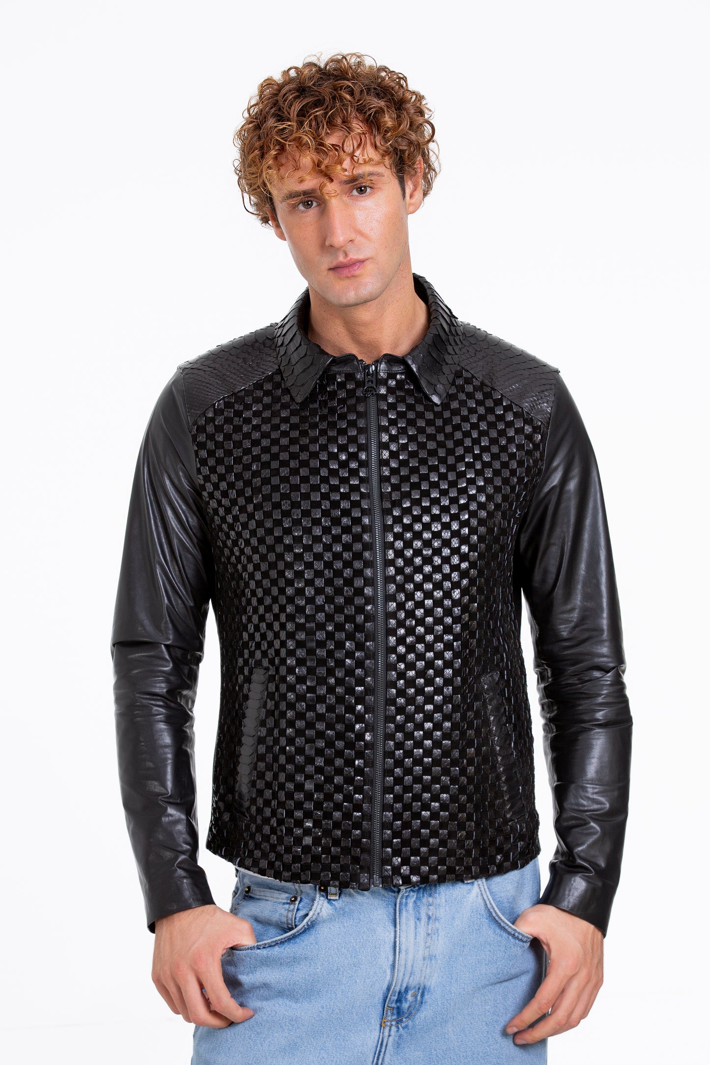 Chaqueta de piel de pitón tejida a mano de color negro para hombre de Bedford
