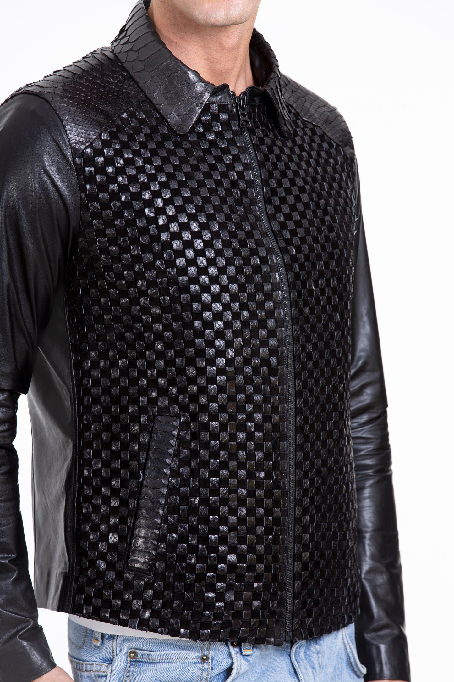 Chaqueta de piel de pitón tejida a mano de color negro para hombre de Bedford