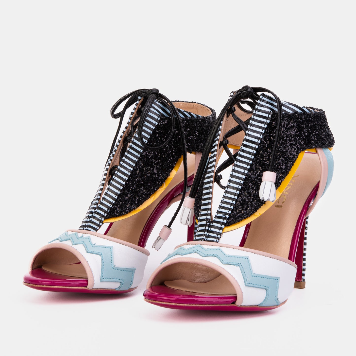 The Santa Amaro White Glitter Leather T-Strap Lace -Up Women Sandal