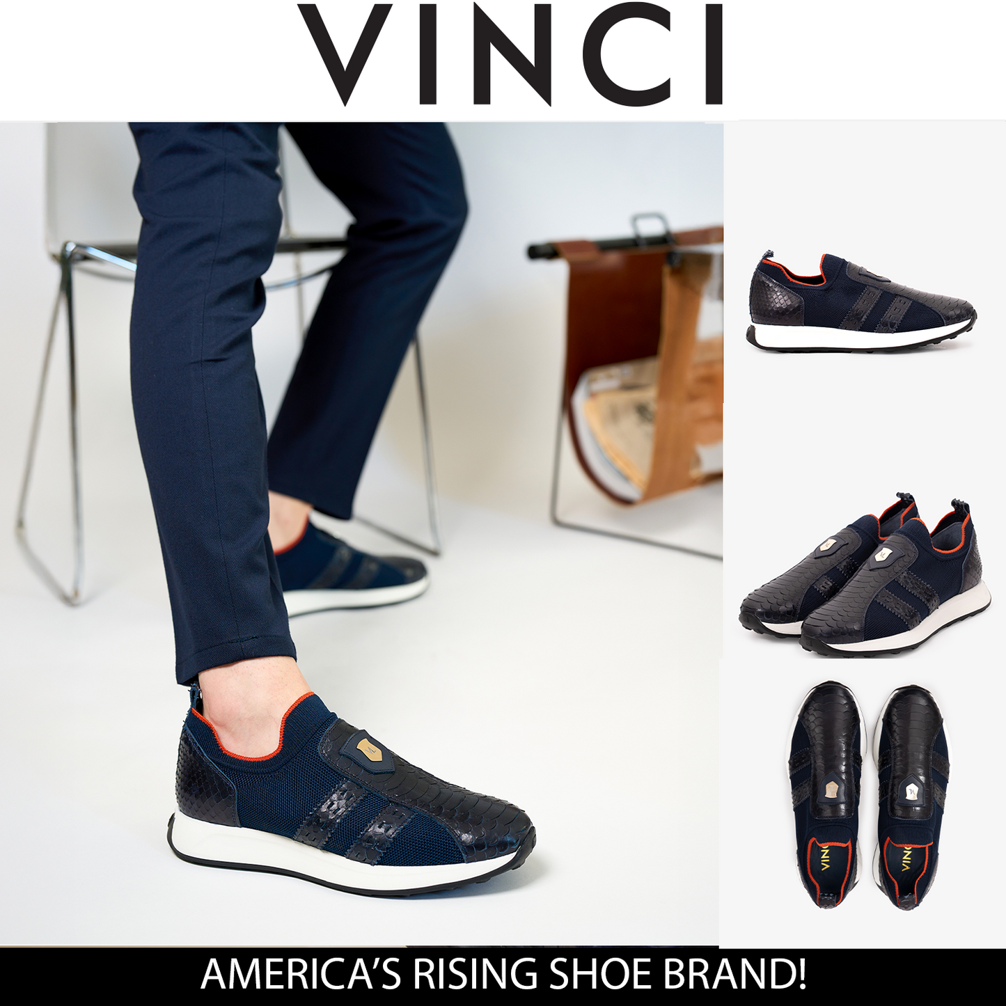 Zapatillas de punto y cuero Aslan Navy para hombre