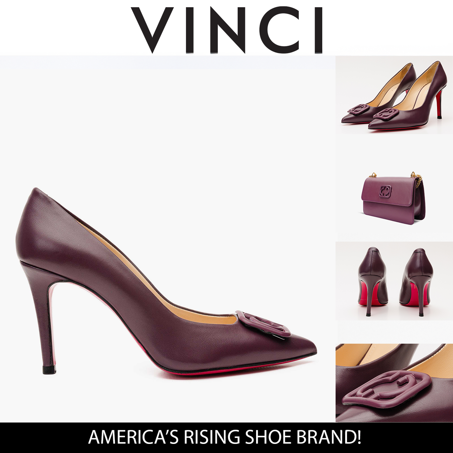 Zapato de salón de piel color morado oscuro con suela fucsia para mujer Maneadero