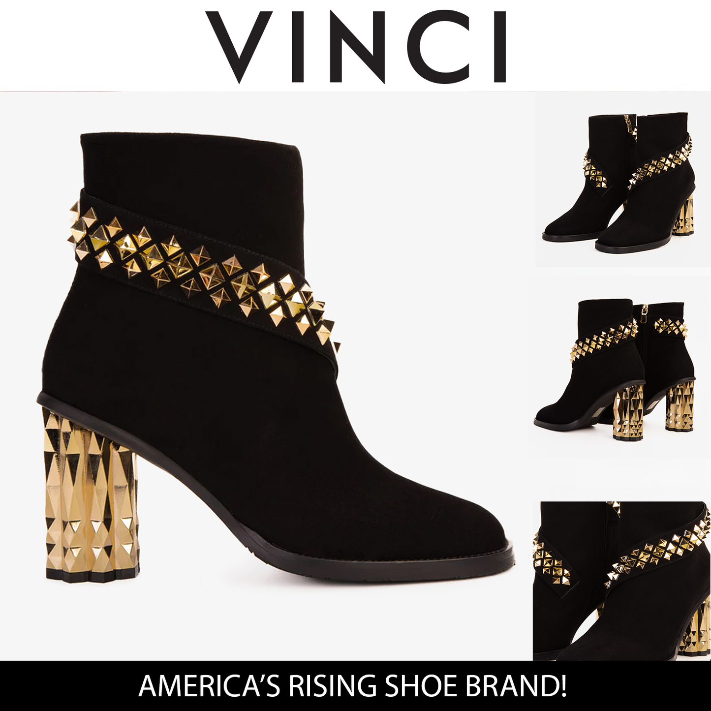 حذاء نسائي بكعب سميك من الجلد المدبوغ باللون الأسود المعدني