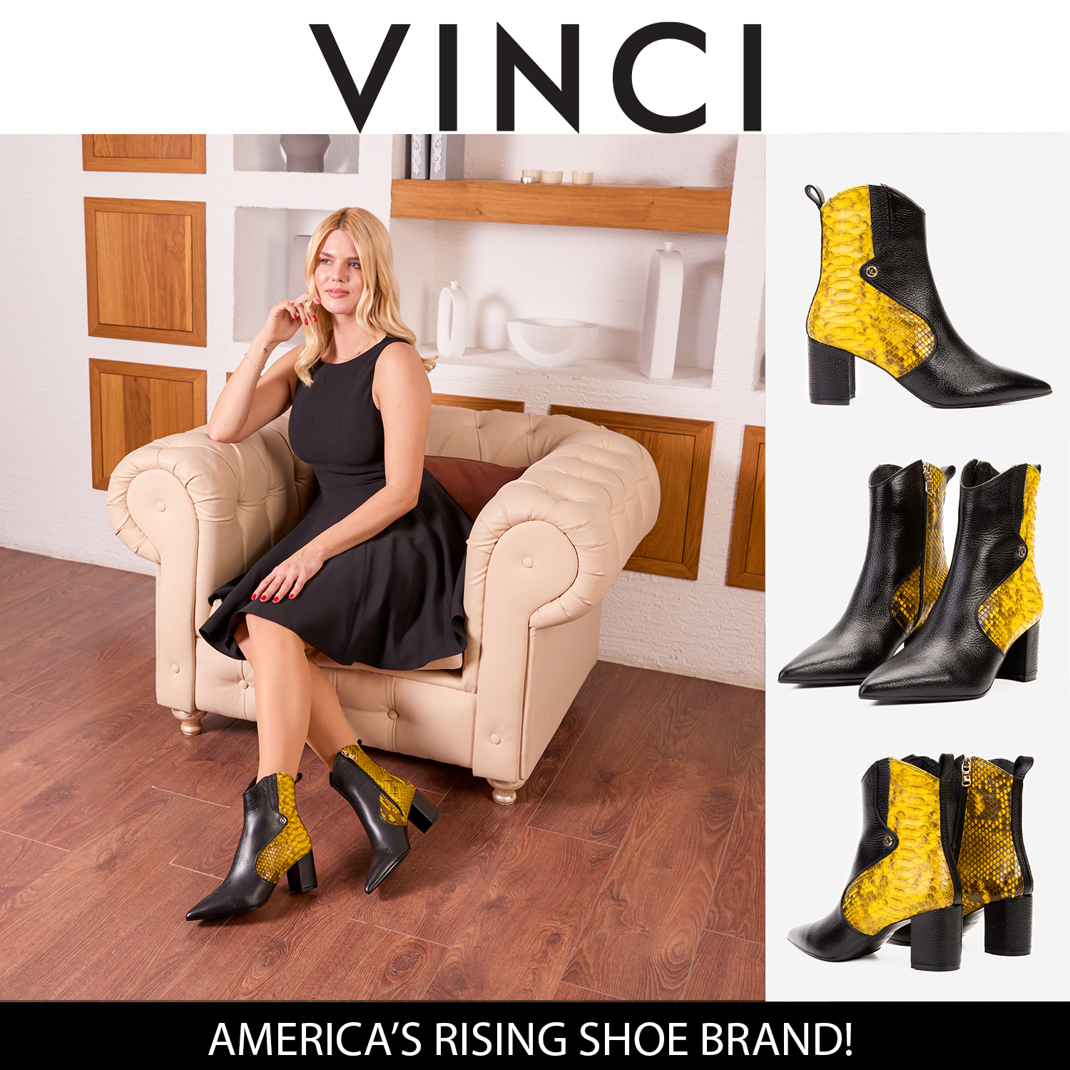 yellowハイヒールスニーカー The Saturn Yellow Pythn Leather Block Heel Women Boot – Vinci