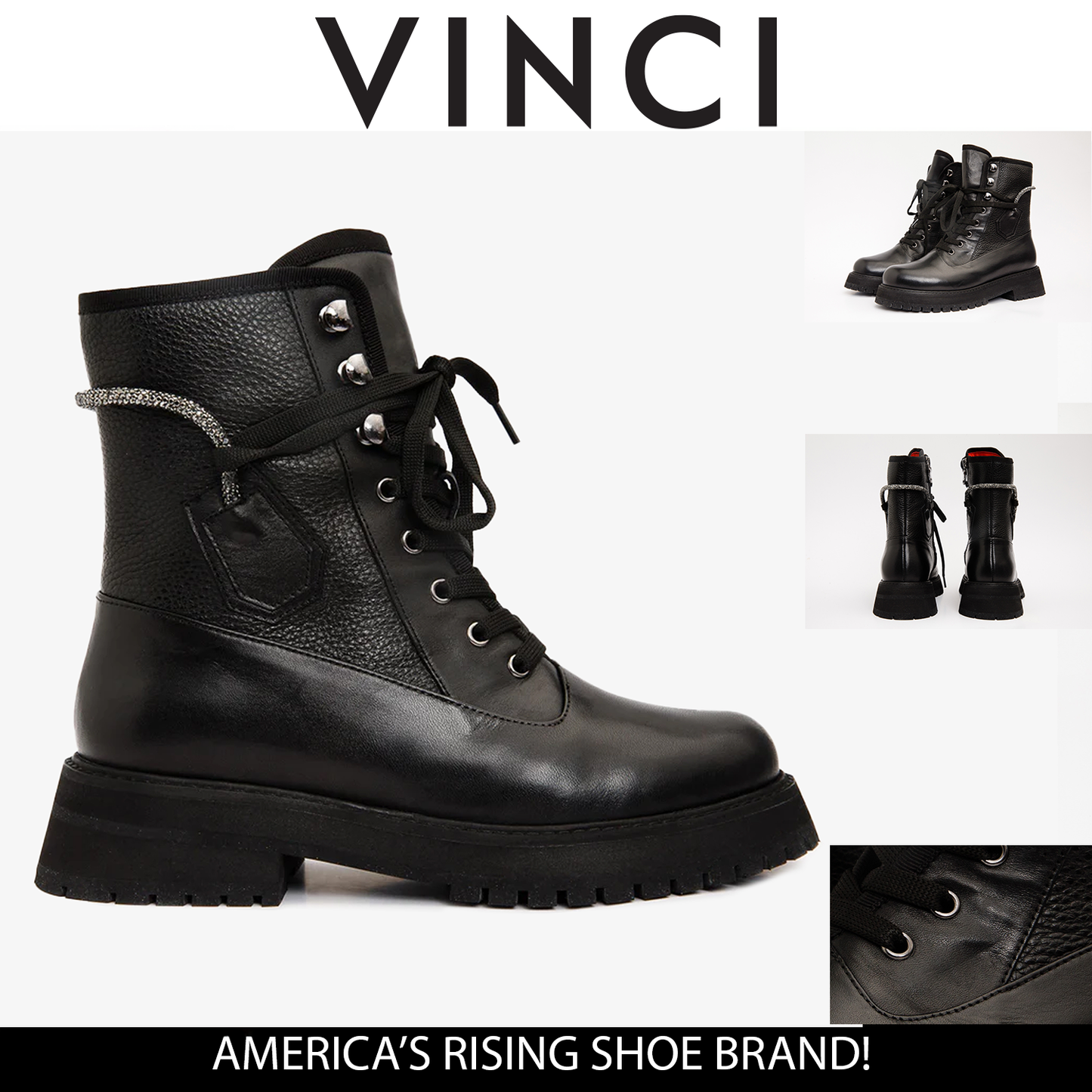 Botín de mujer con cordones y cremallera lateral de cuero negro Arata