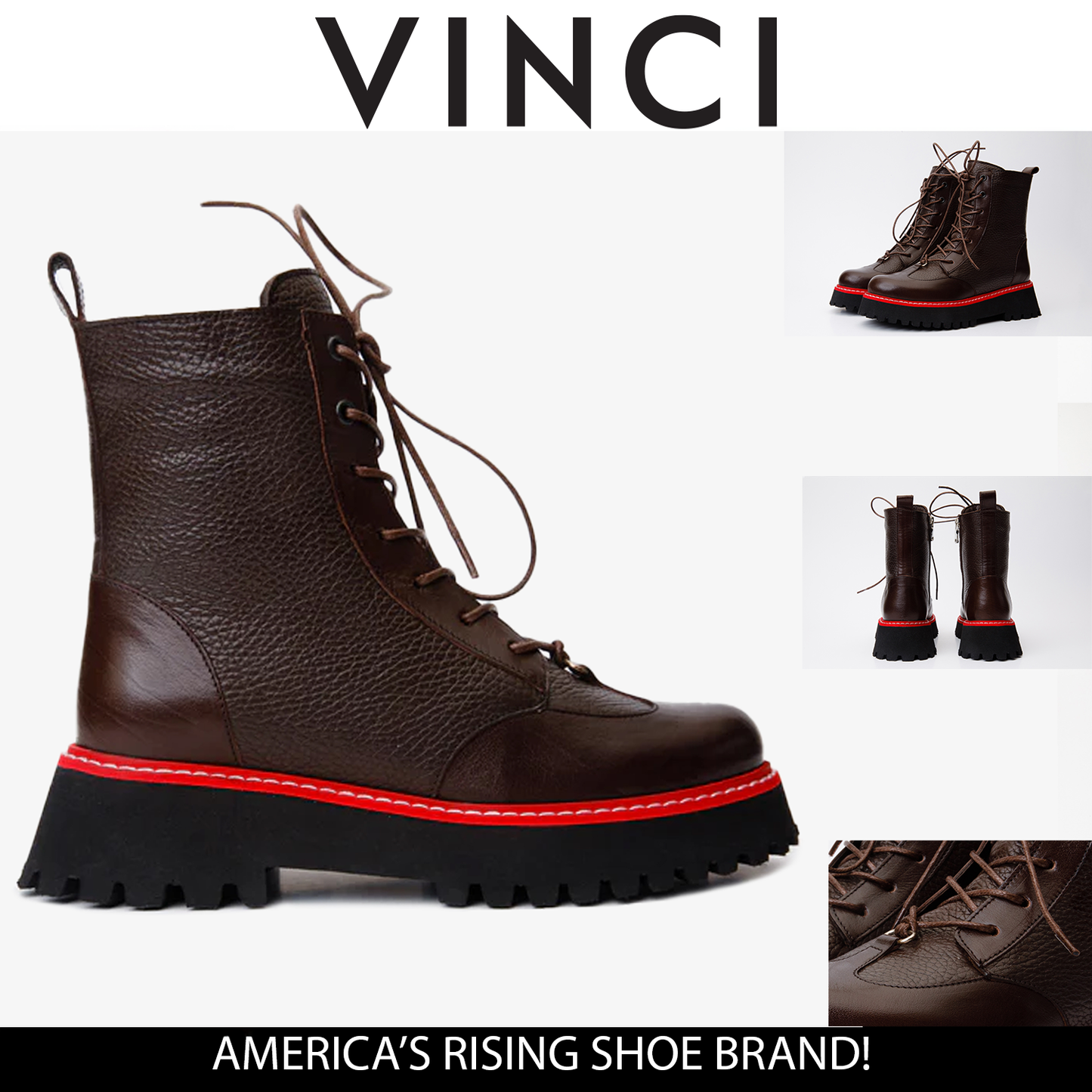 Botín de mujer con cordones en cuero marrón y cremallera lateral de Yildiz