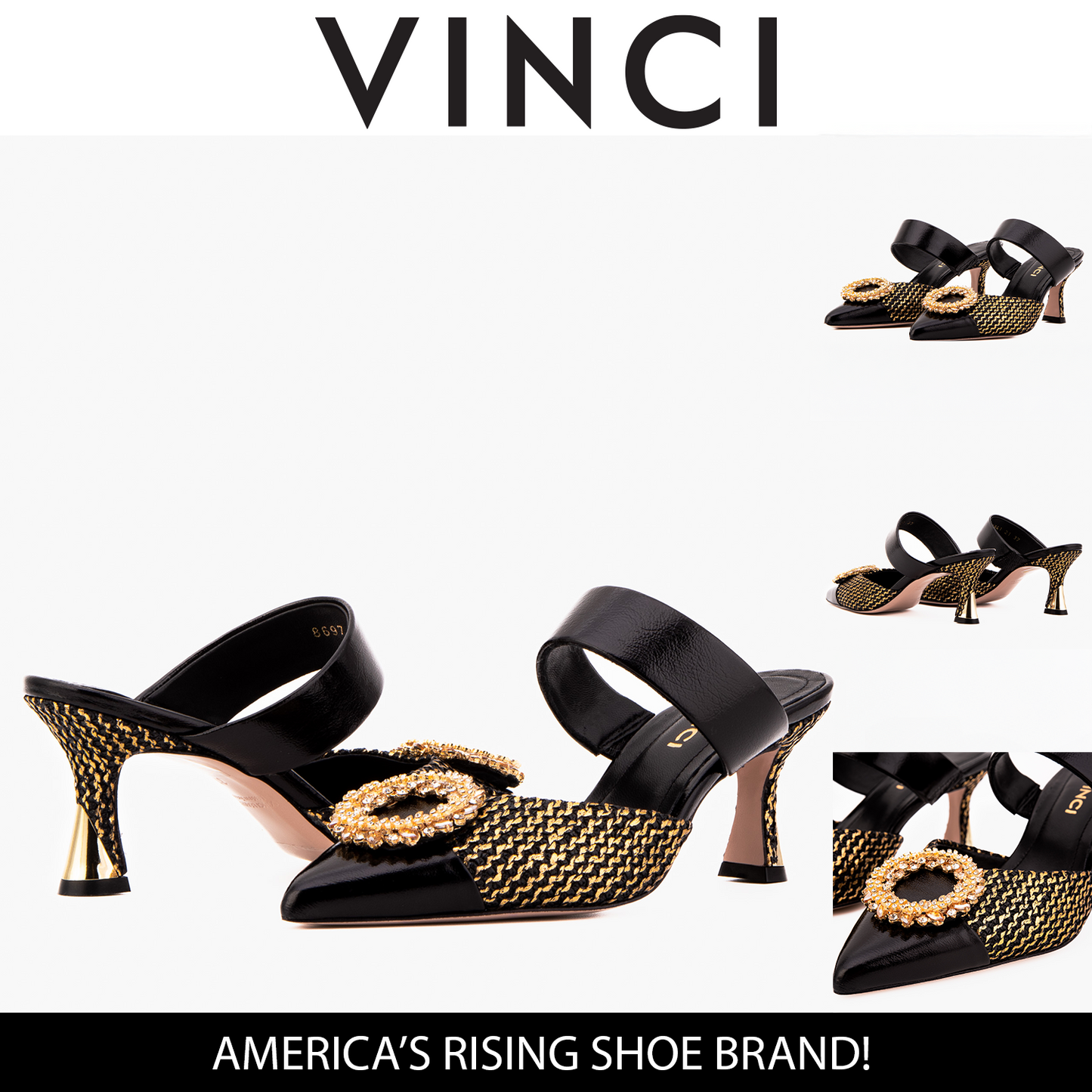 The Valencia Black & Gold Jewel Heel Women Mule Shoe