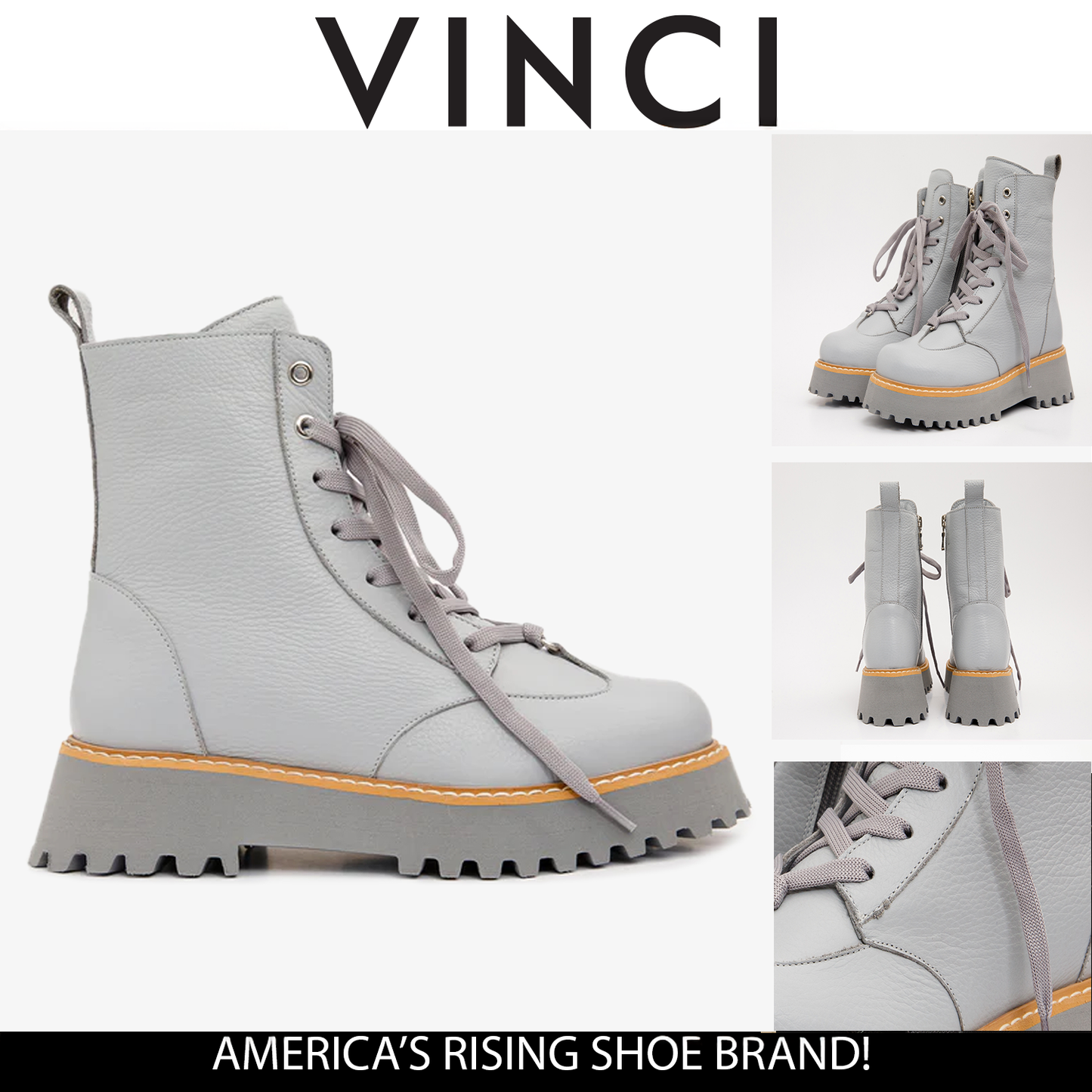 Botín de mujer con cordones y cremallera lateral en piel gris Yildiz