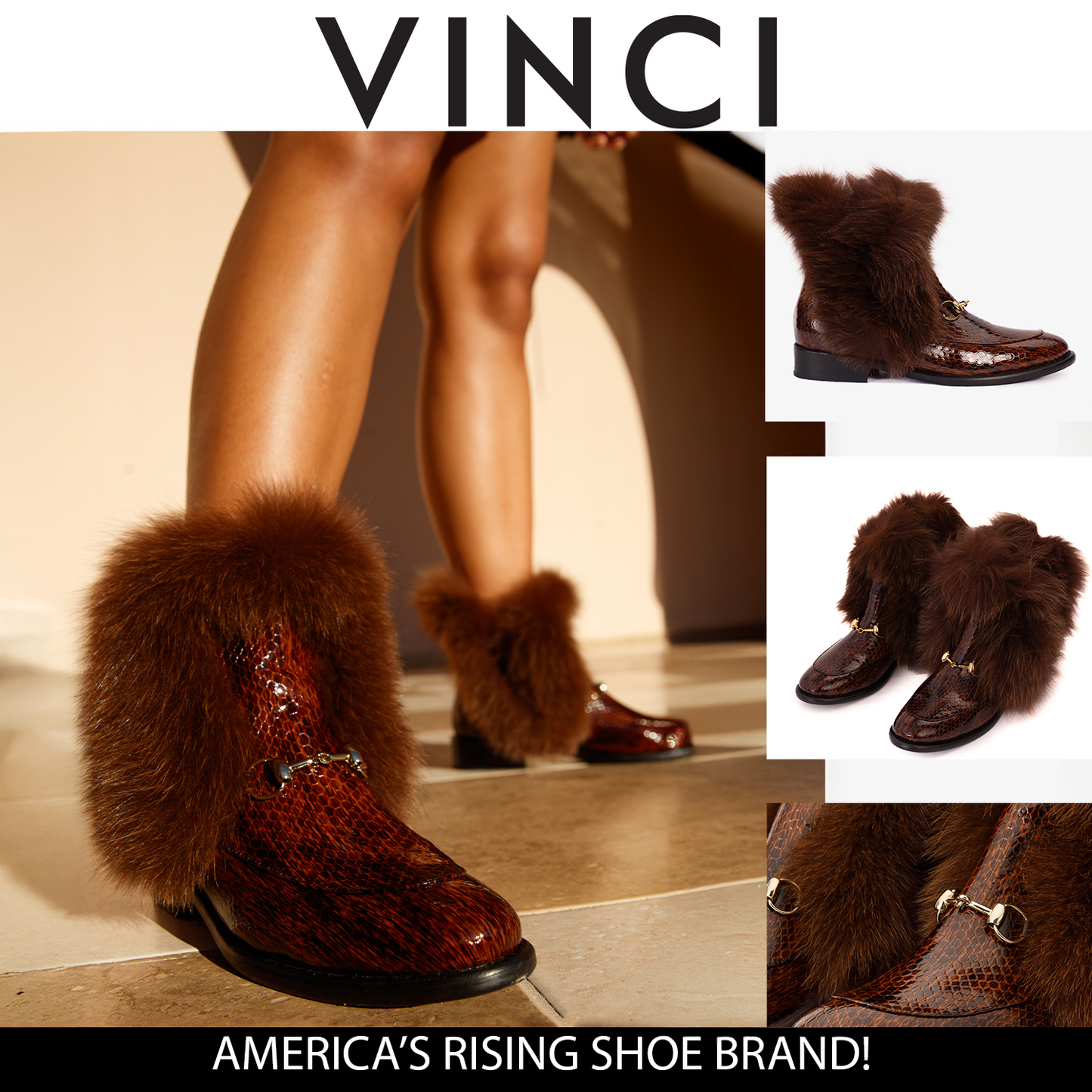 حذاء نسائي من إزمير بني لامع من الفرو الطبيعي بطول منتصف الساق