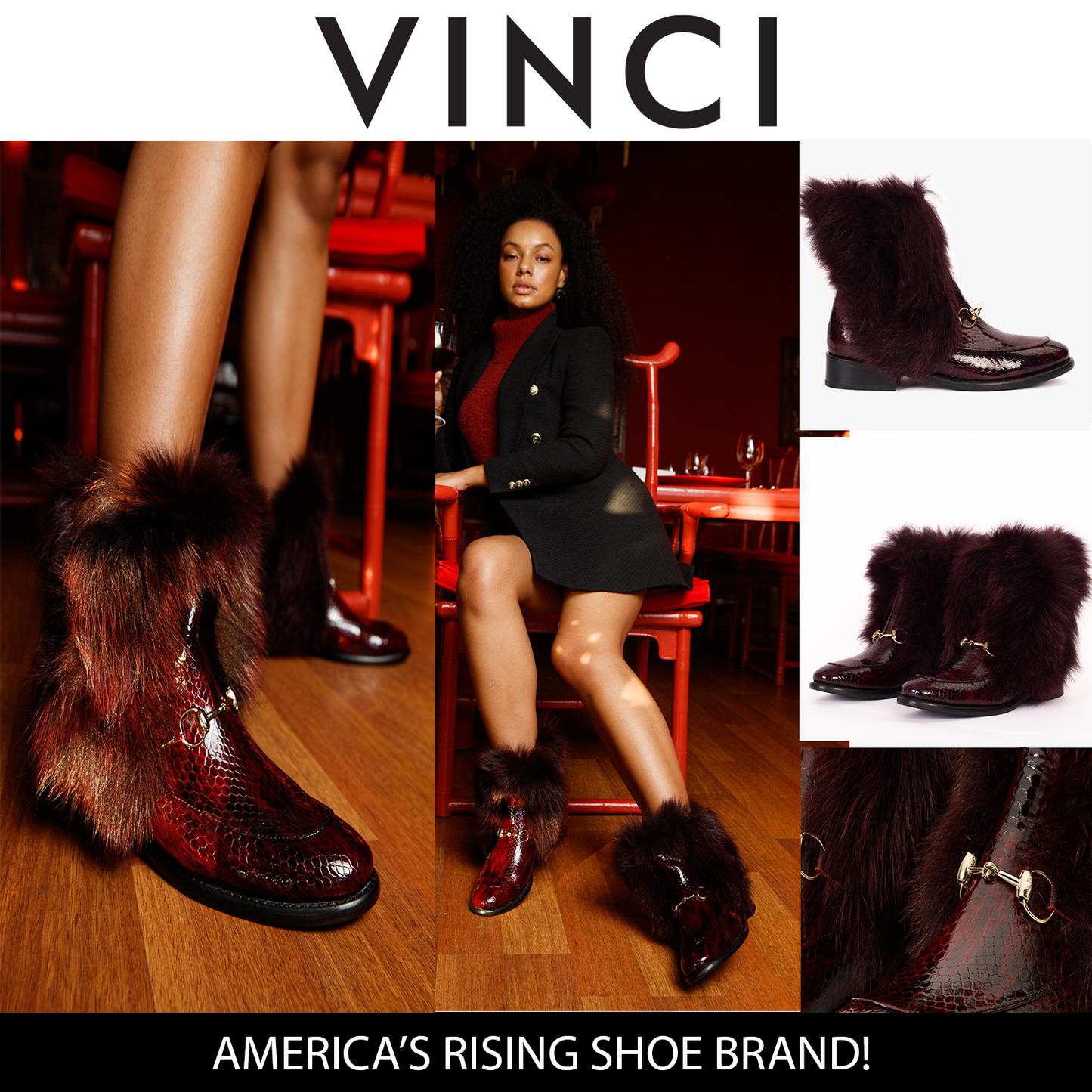 Bota de mujer de media caña con piel natural y charol burdeos Izmir