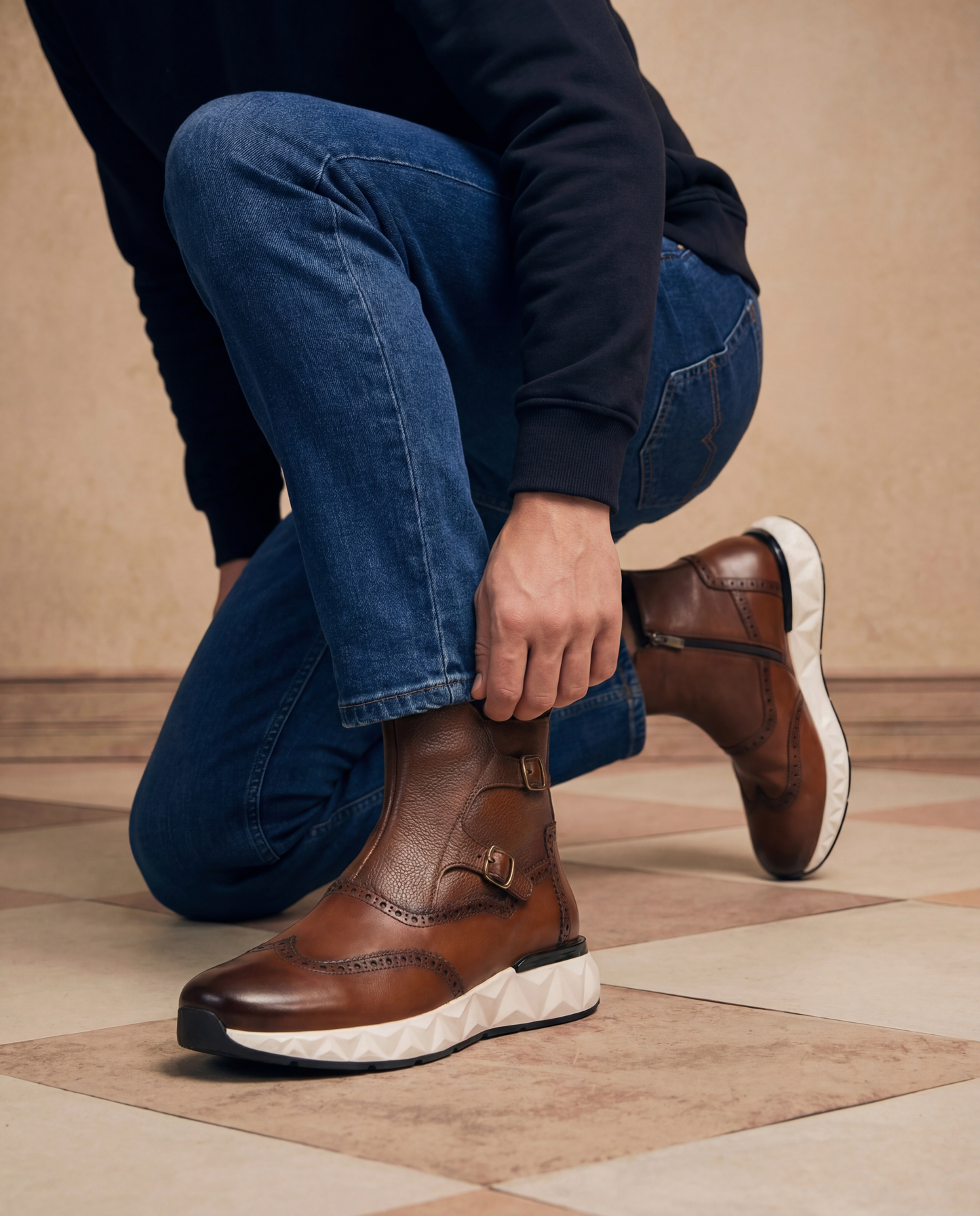 La bota de hombre de cuero marrón con hebilla Stealth Wingtip