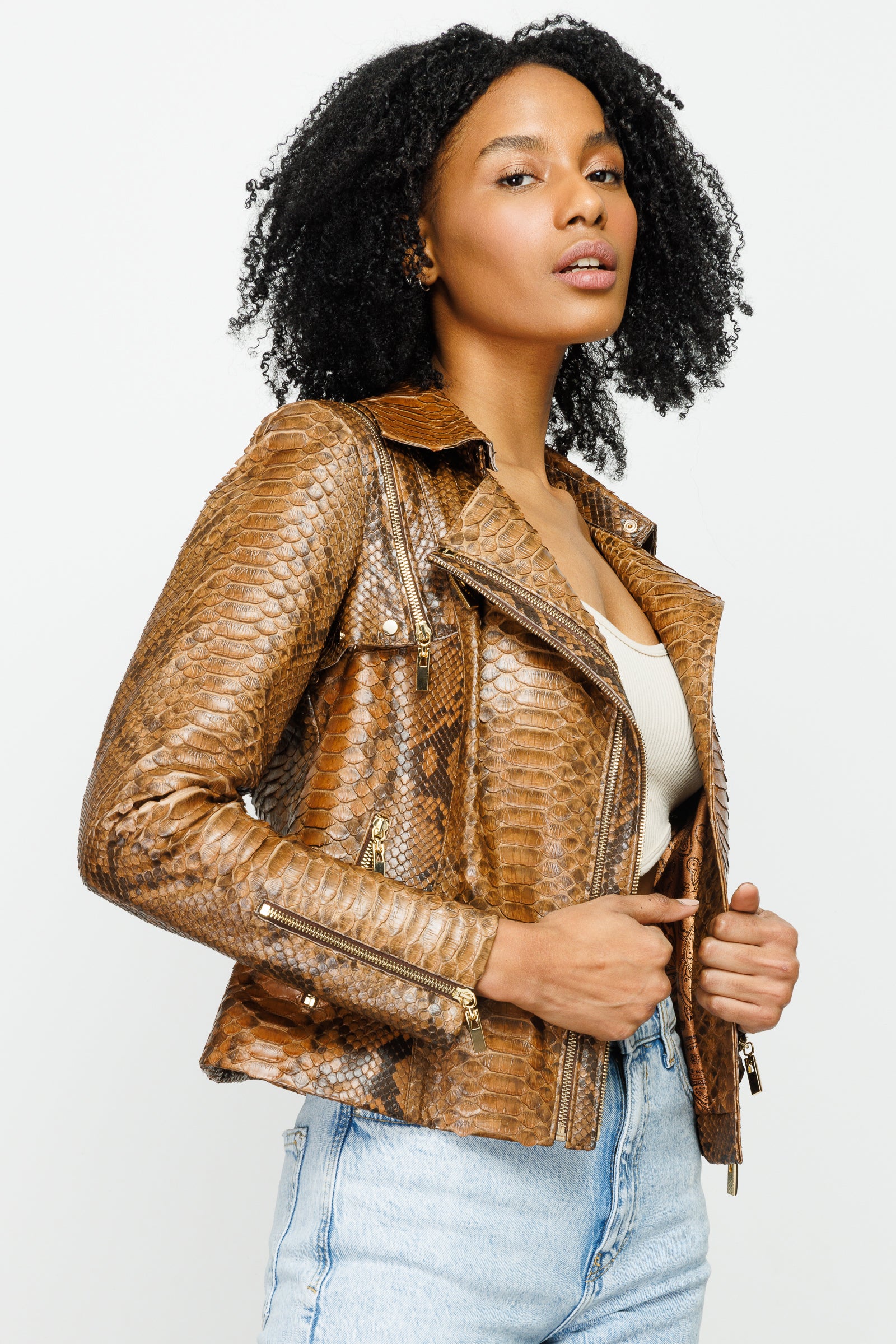 The Queen Pythn Skin Tan Leather Women Jacket – Vinci Leather Shoes