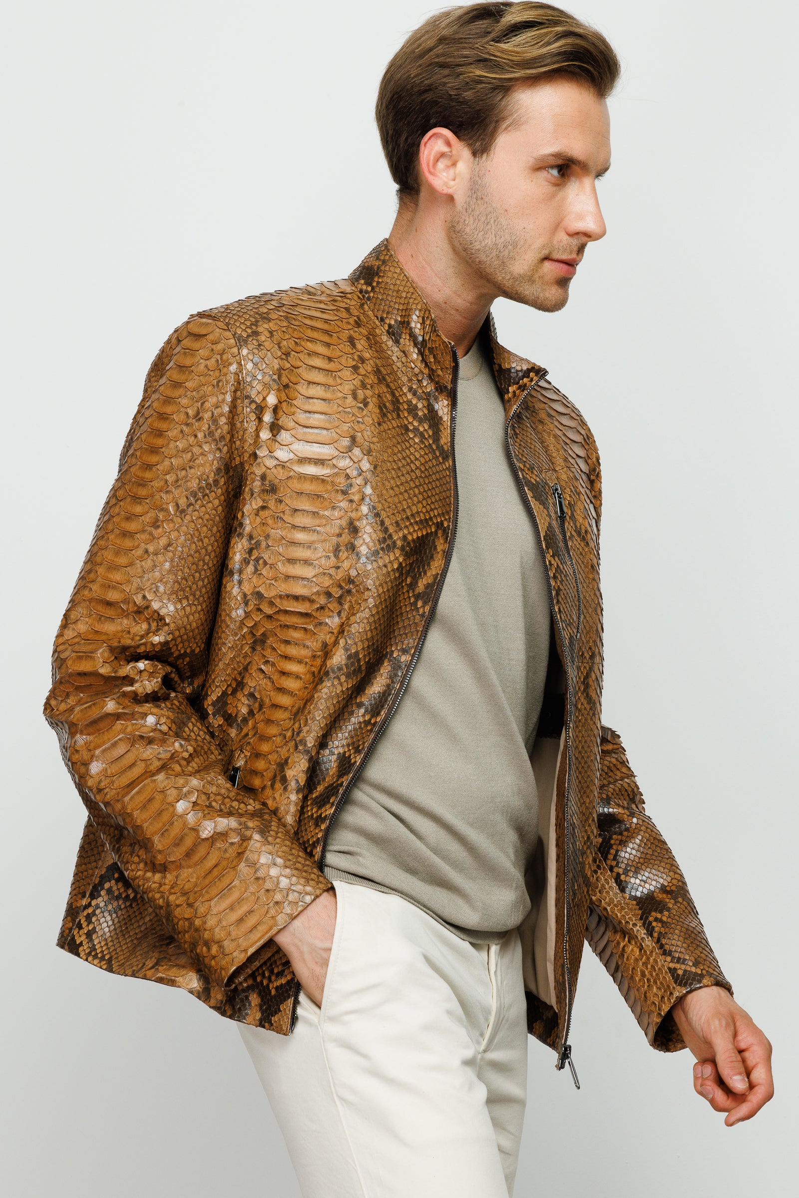 The Boss Pythn Tan Leather Men Jacket – Vinci Leather Shoes