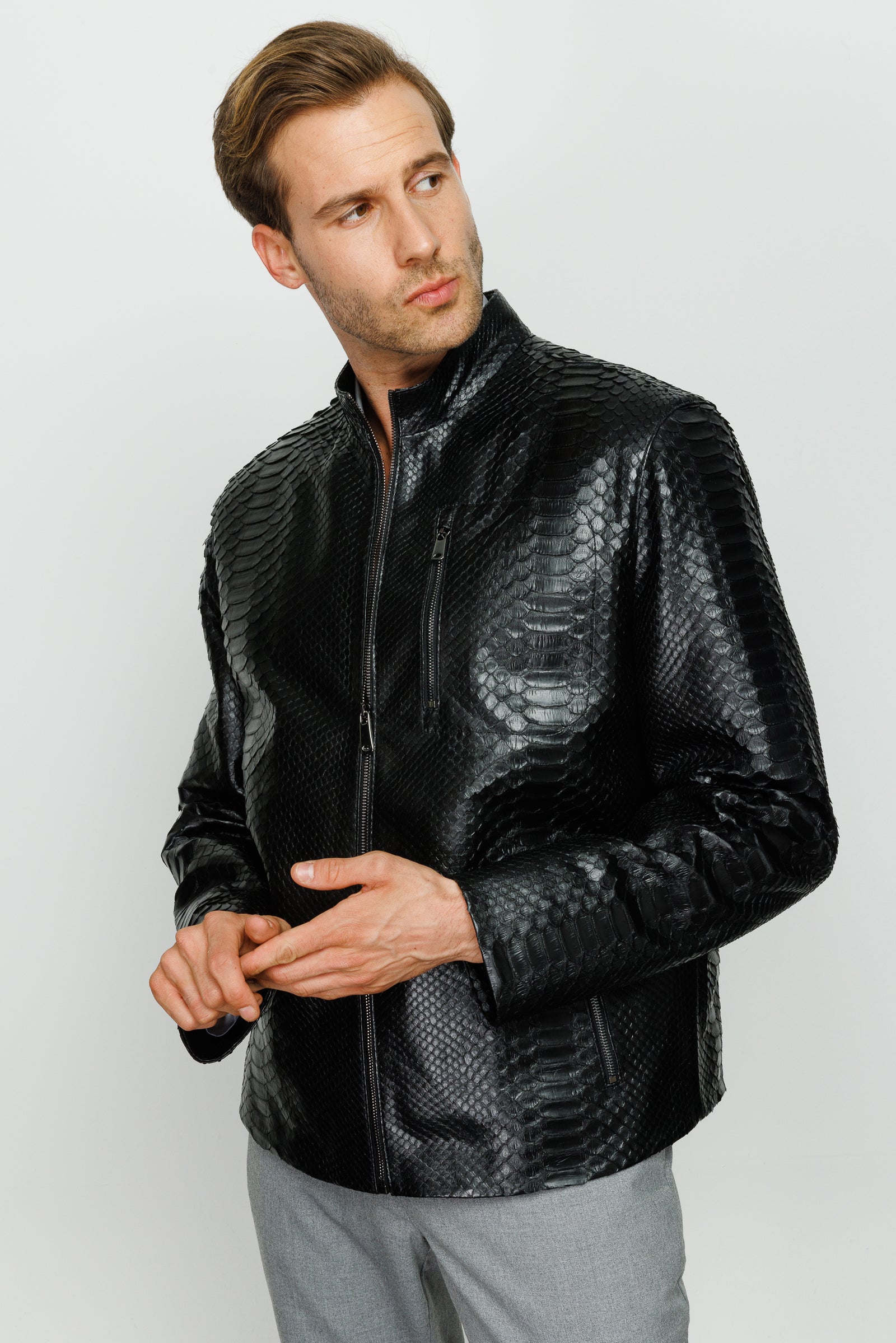 The Boss Pythn Black Leather Men Jacket – Vinci Leather Shoes