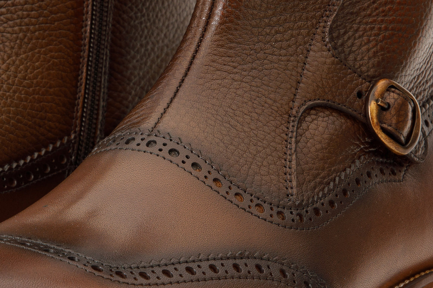 The Rand Brown Leather Double Buckle Brogue Men Boot with a Zipper