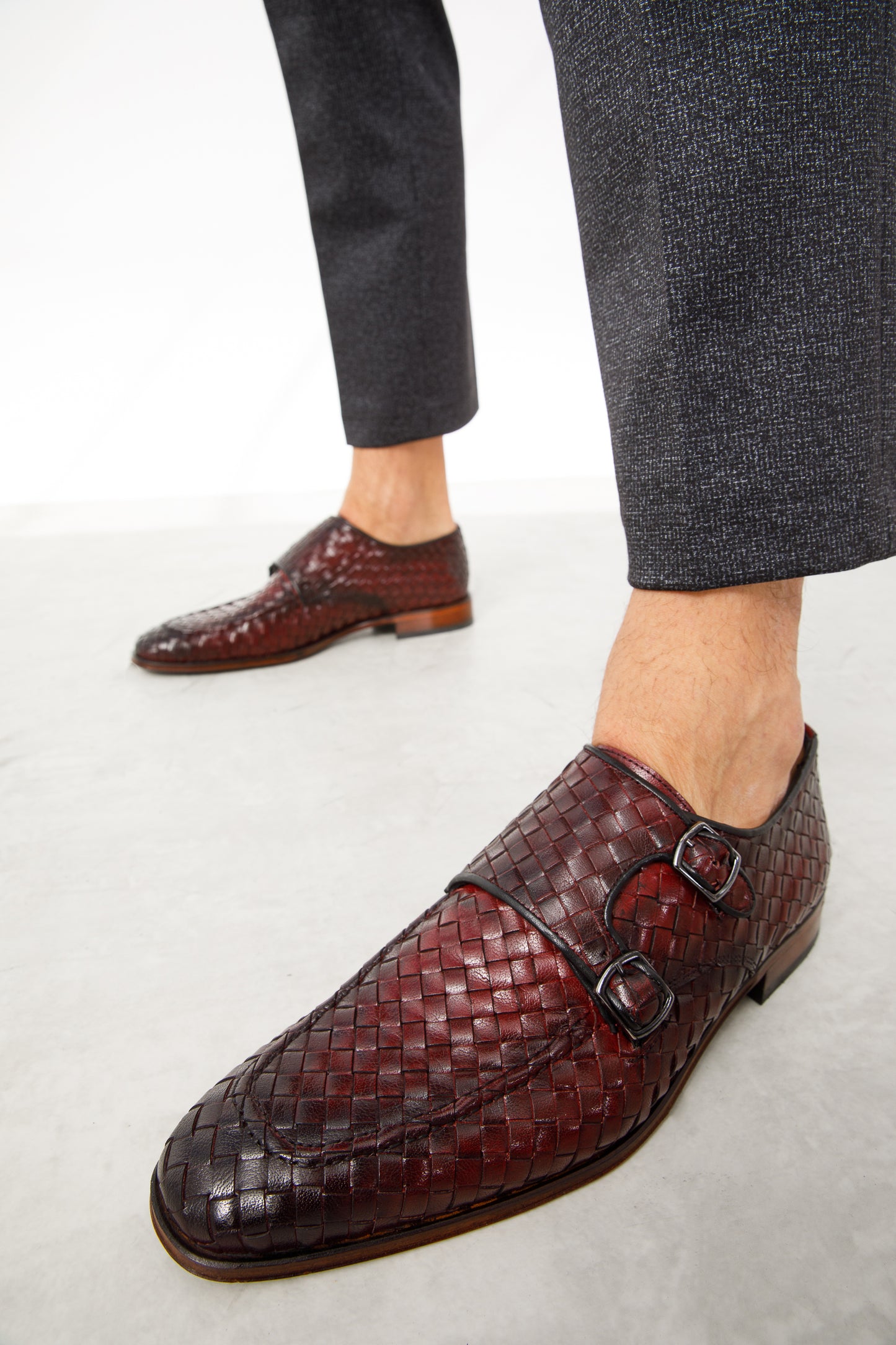 The Turan Burgundy Woven Double Monk Strap Dress Men Shoe