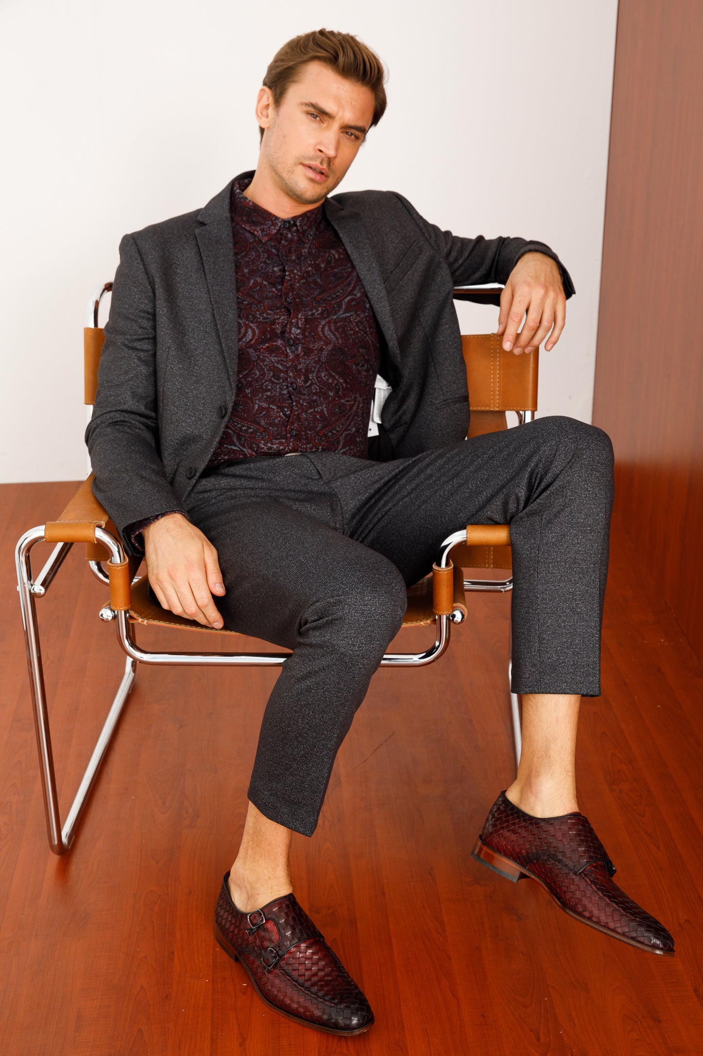 The Turan Burgundy Woven Double Monk Strap Dress Men Shoe