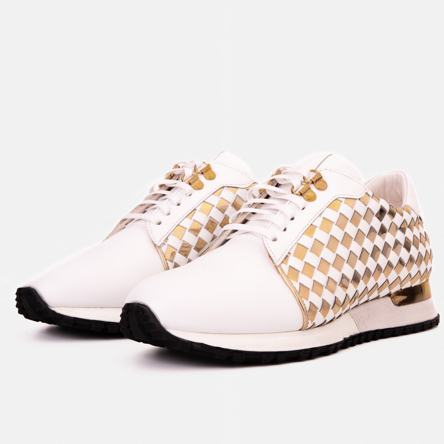 Zapatillas de deporte de cuero tejido blanco y dorado Mackenzie para hombre