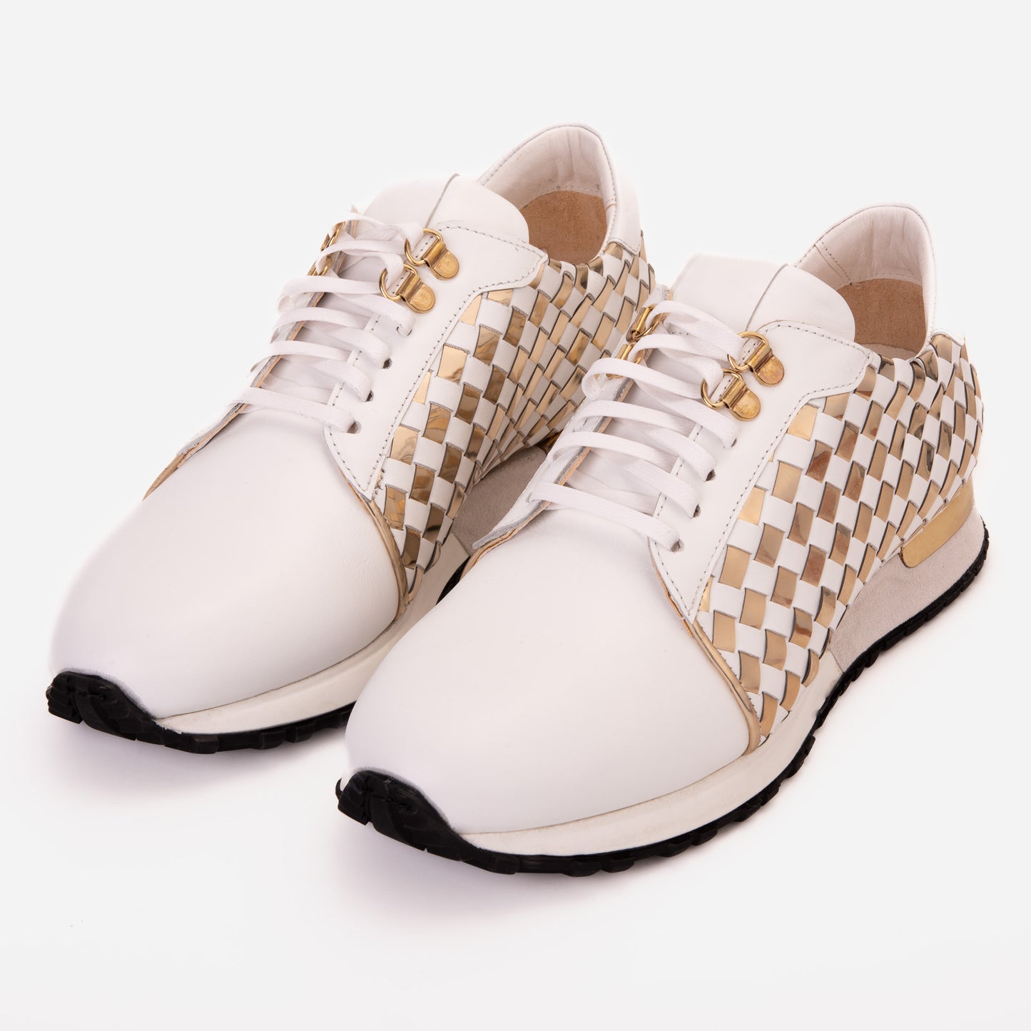Zapatillas de deporte de cuero tejido blanco y dorado Mackenzie para hombre