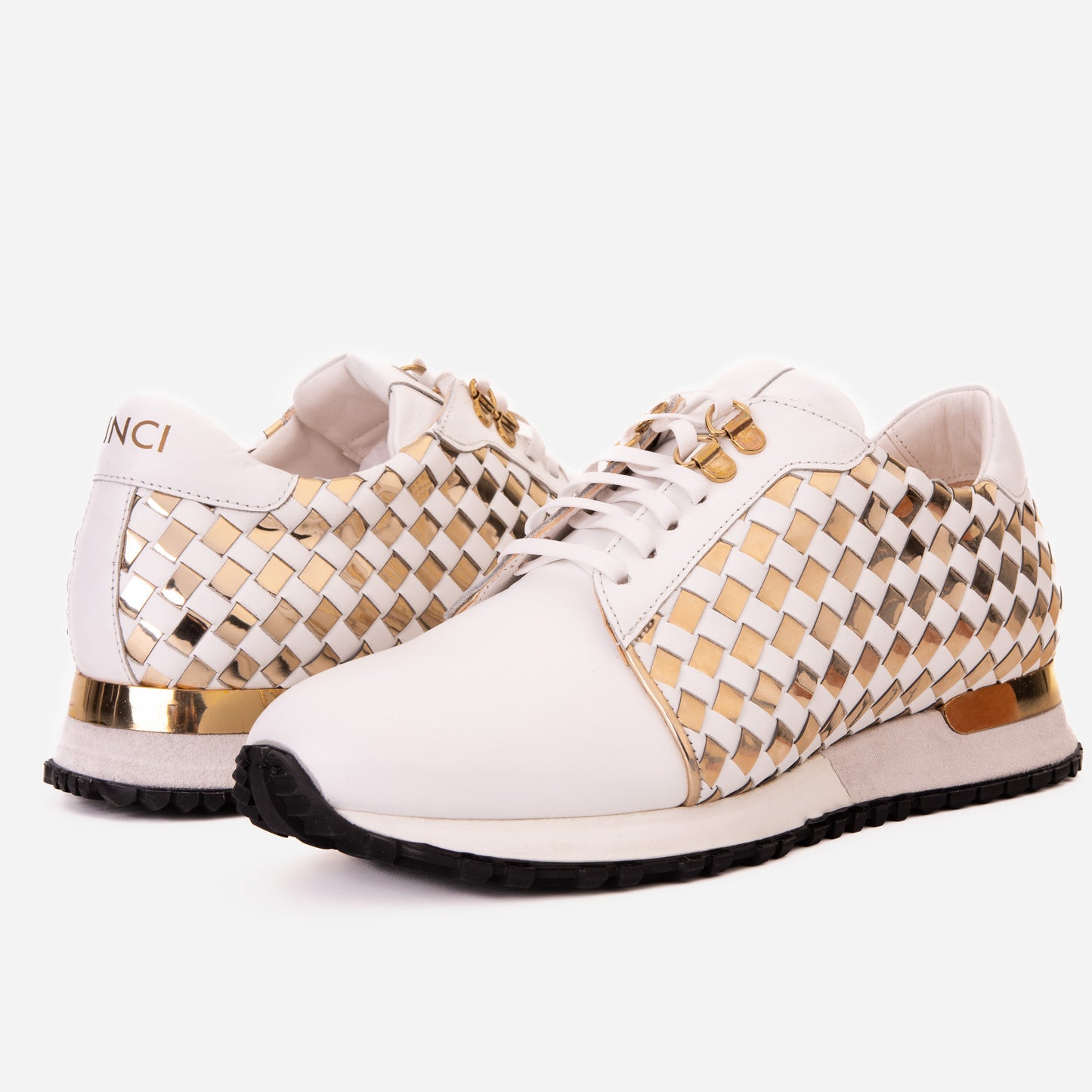 Zapatillas de deporte de cuero tejido blanco y dorado Mackenzie para hombre
