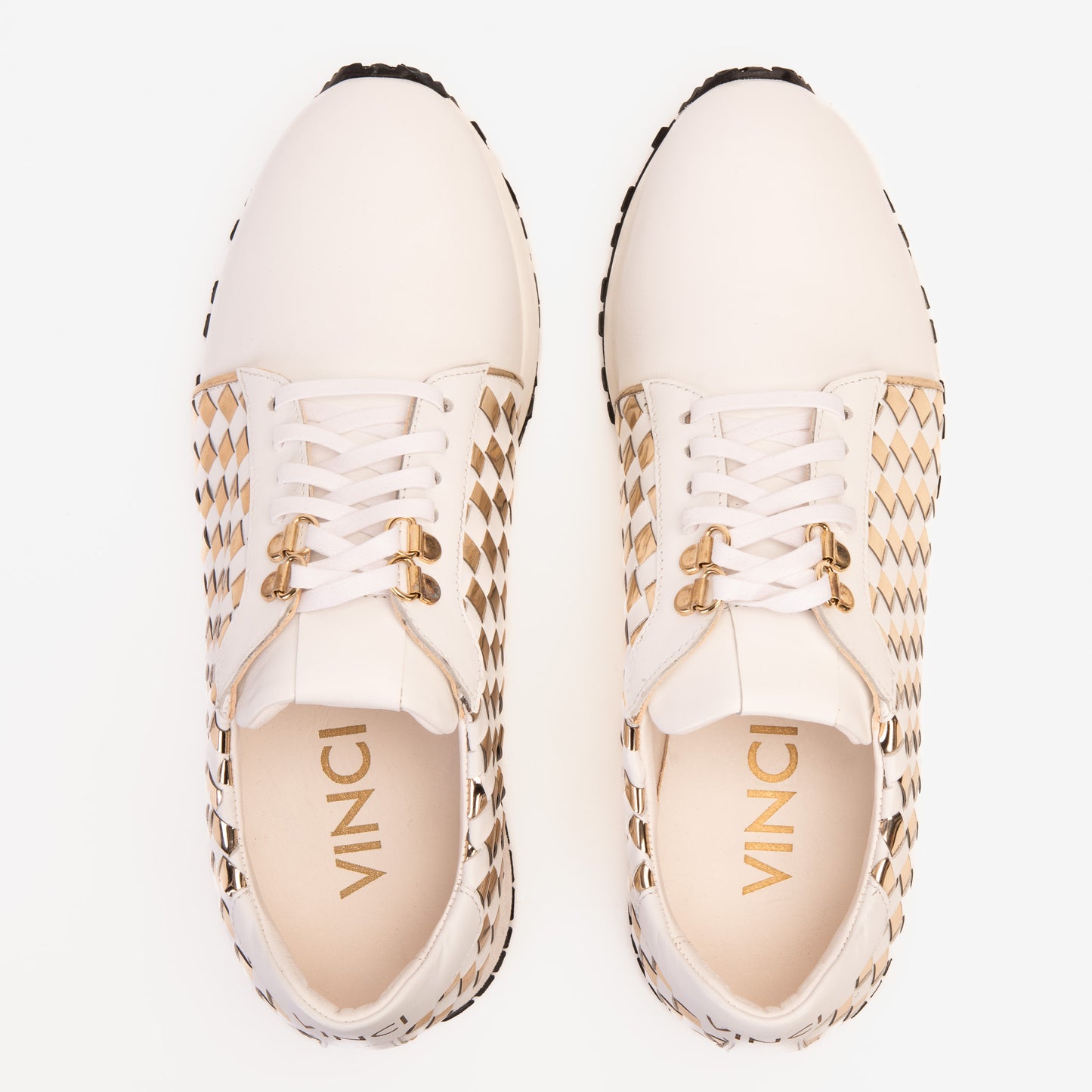 Zapatillas de deporte de cuero tejido blanco y dorado Mackenzie para hombre