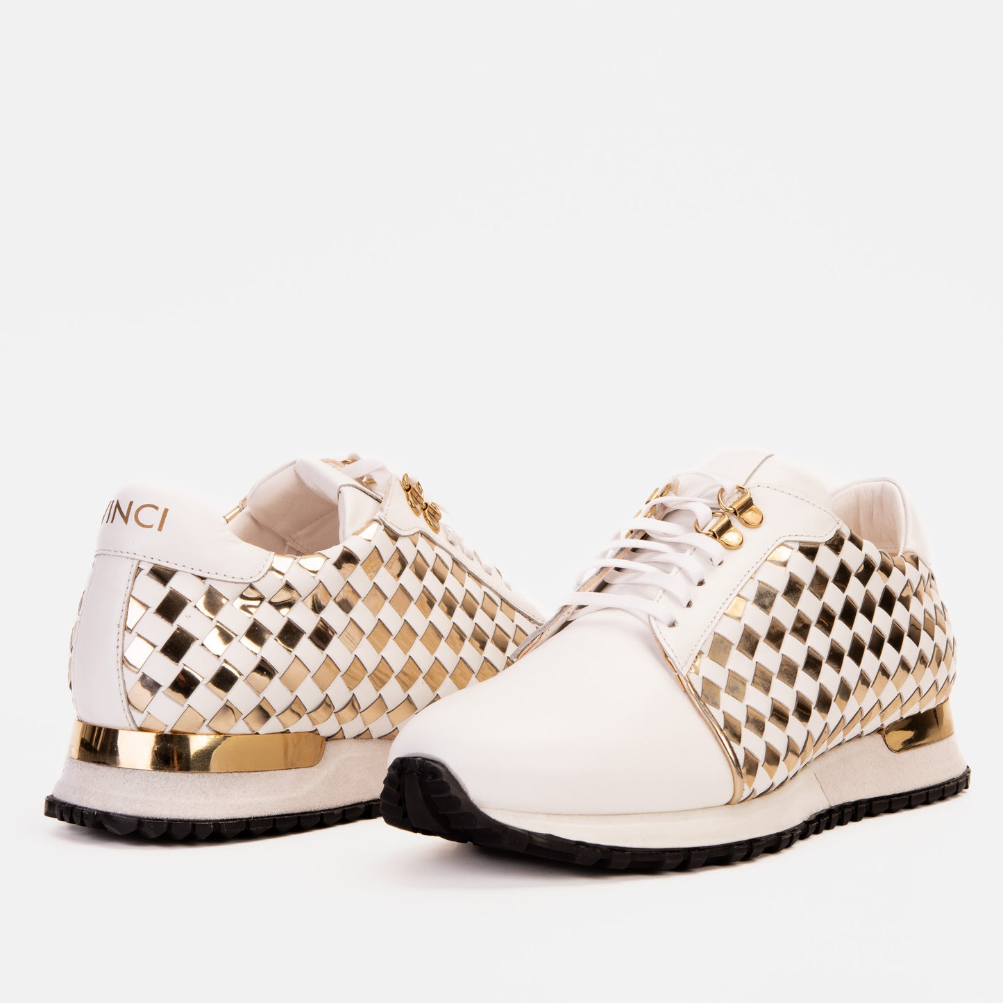 Zapatillas de deporte de cuero tejido blanco y dorado Mackenzie para hombre