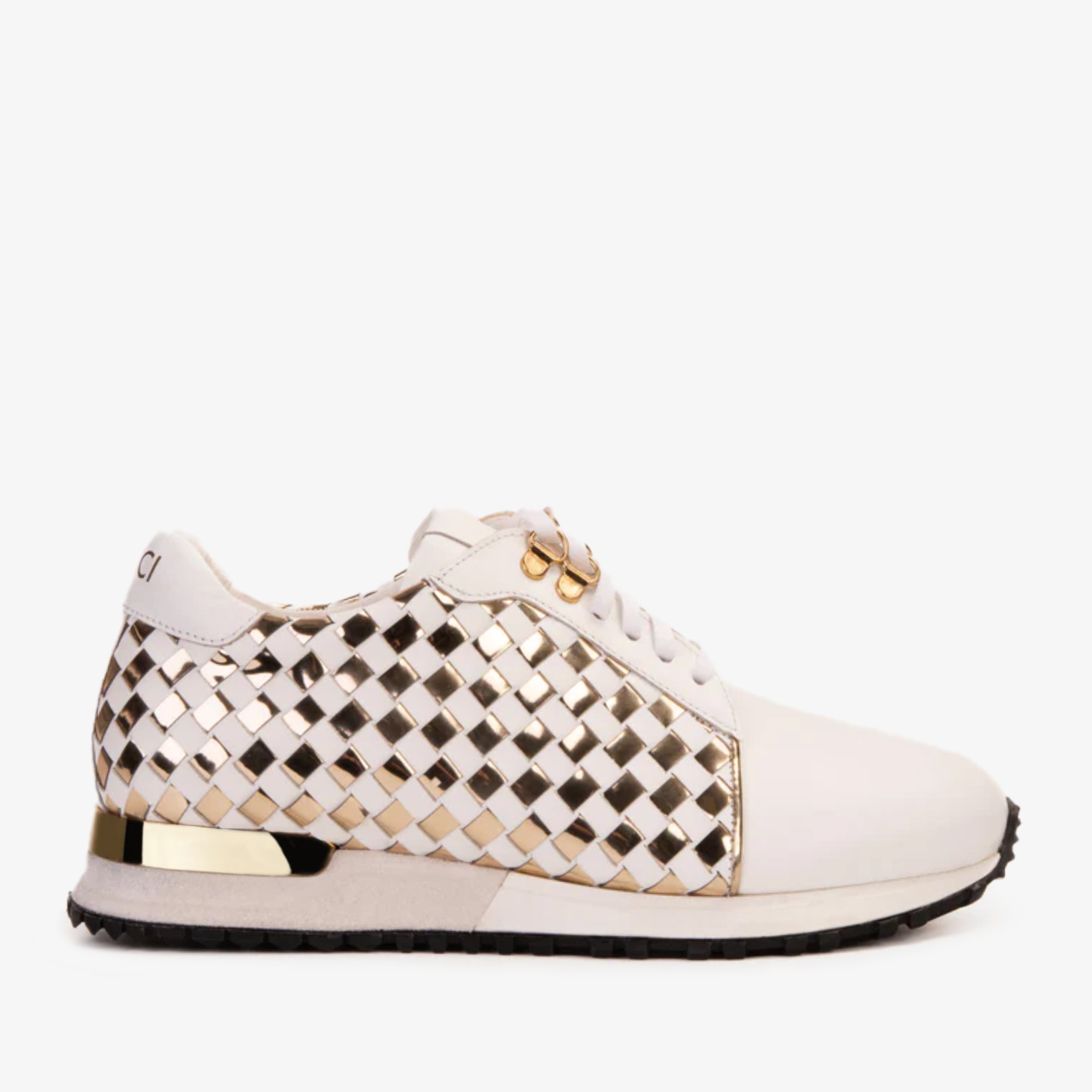 The Mackenzie White & Gold Woven Leather Men Sneaker