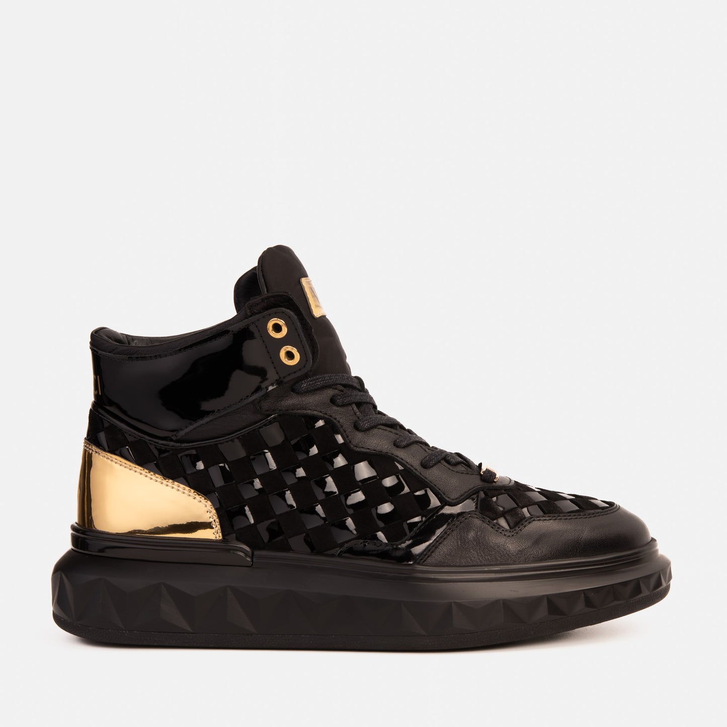 Zapatillas altas de cuero tejido en negro y dorado Eugene para hombre