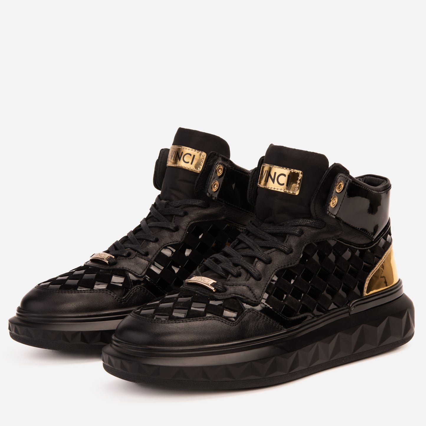 Zapatillas altas de cuero tejido en negro y dorado Eugene para hombre