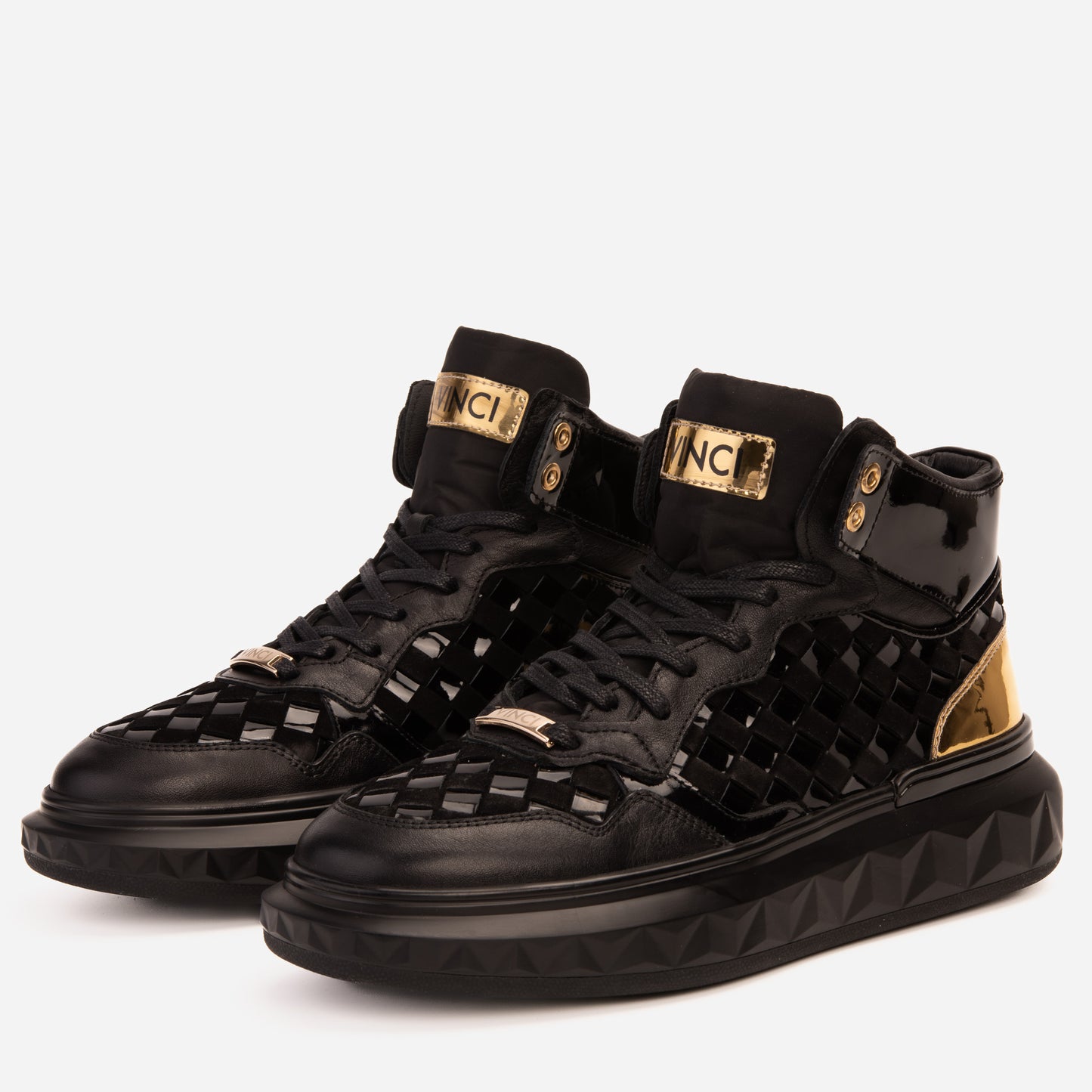 The Eugene Black & Gold Woven Leather High-Top Men Sneaker