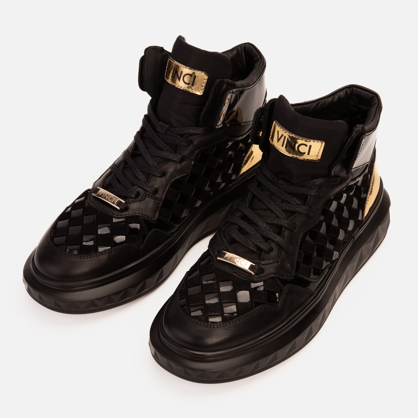 Zapatillas altas de cuero tejido en negro y dorado Eugene para hombre