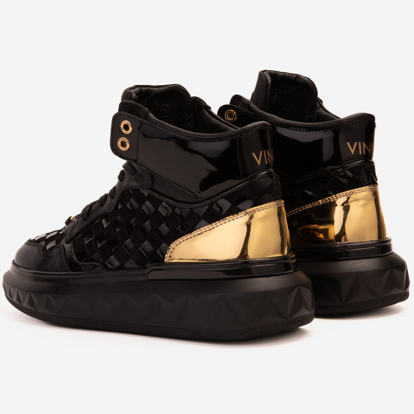 Zapatillas altas de cuero tejido en negro y dorado Eugene para hombre