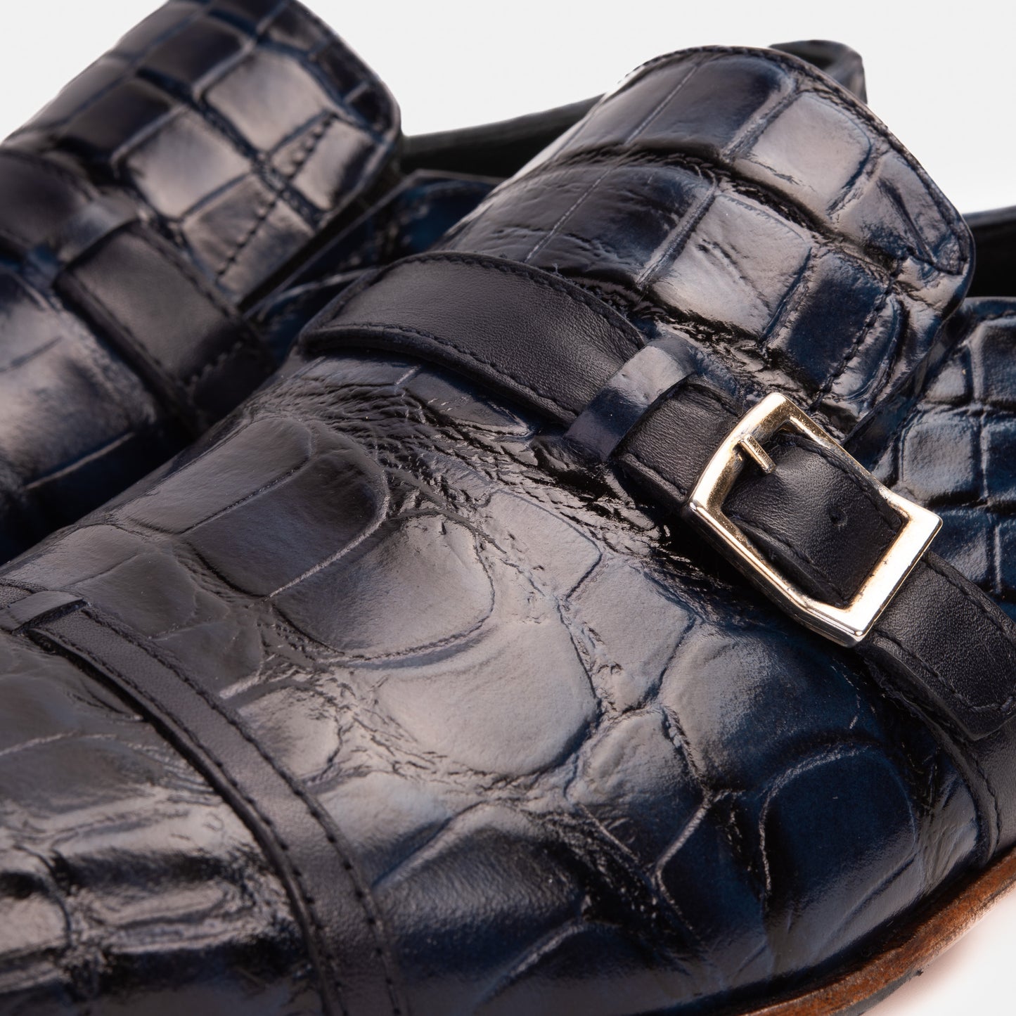 Zapato de hombre hecho a mano en cuero azul marino con correa de monje simple Strat