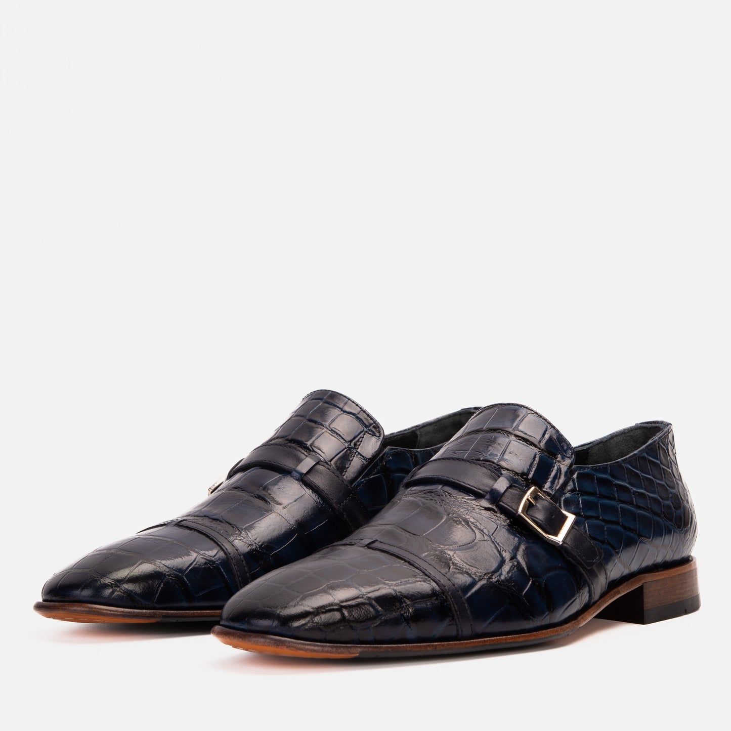 Zapato de hombre hecho a mano en cuero azul marino con correa de monje simple Strat