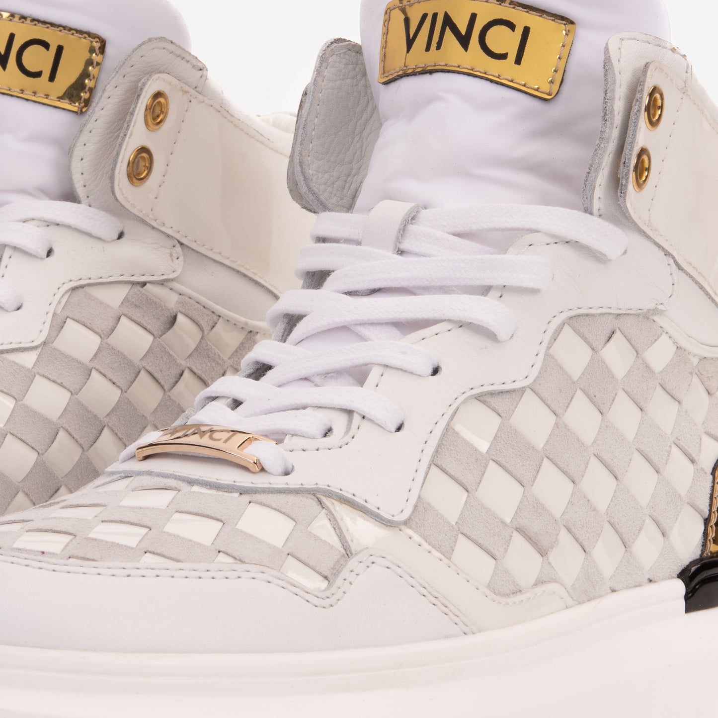Zapatillas altas de cuero tejido blanco y dorado Eugene para hombre