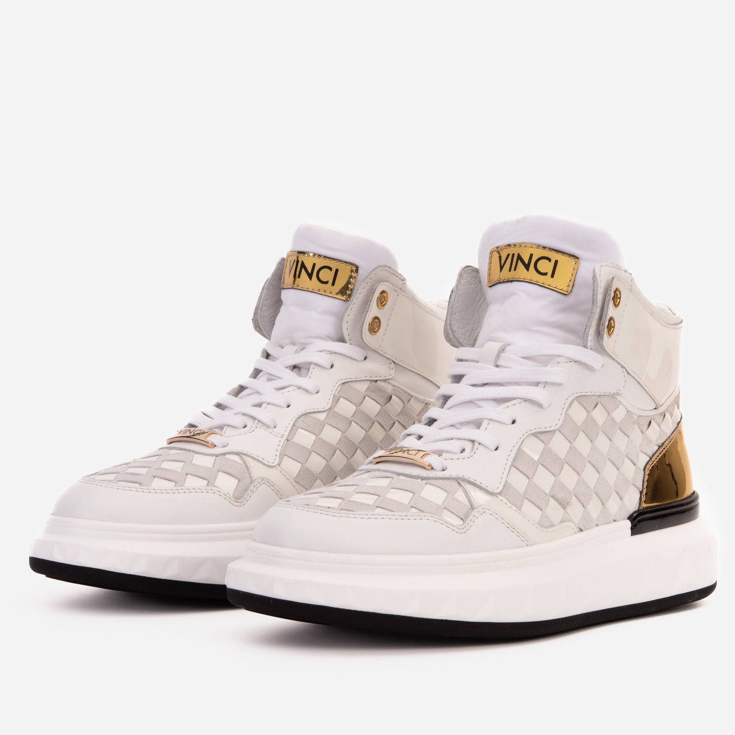 Zapatillas altas de cuero tejido blanco y dorado Eugene para hombre