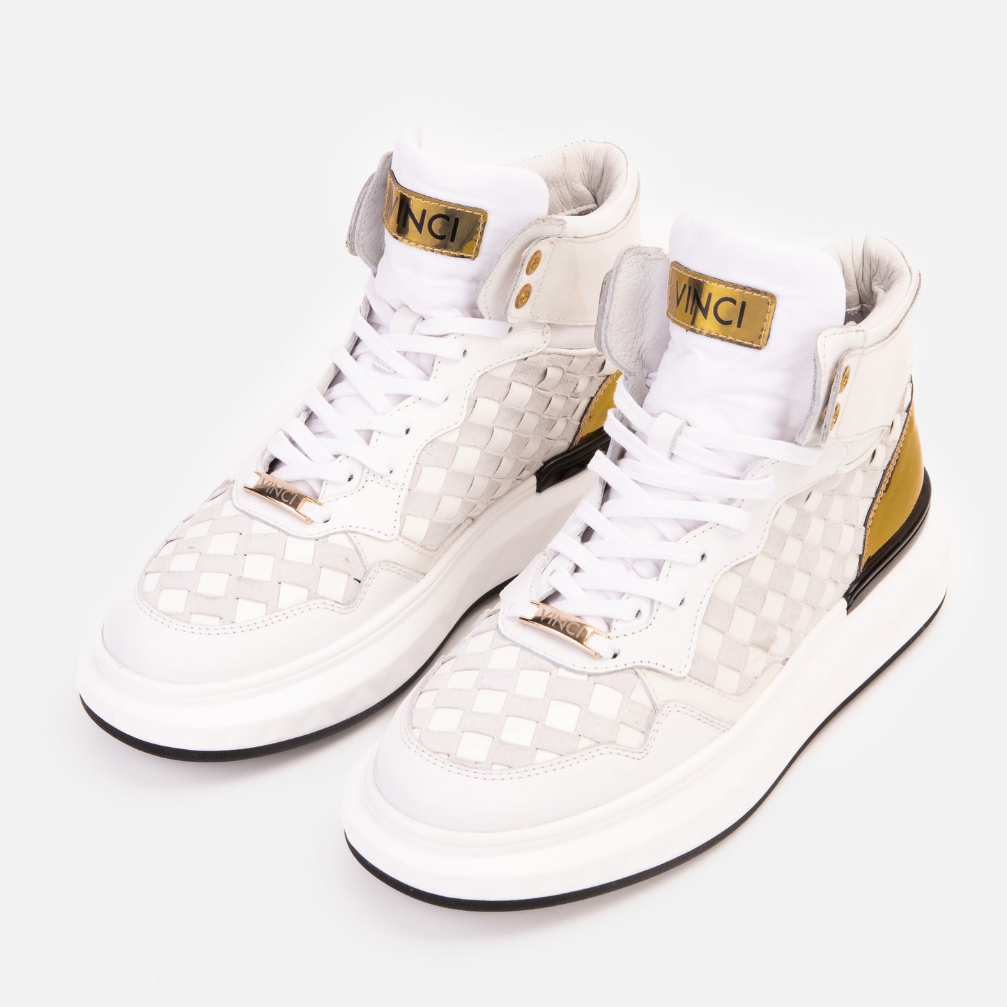 Zapatillas altas de cuero tejido blanco y dorado Eugene para hombre