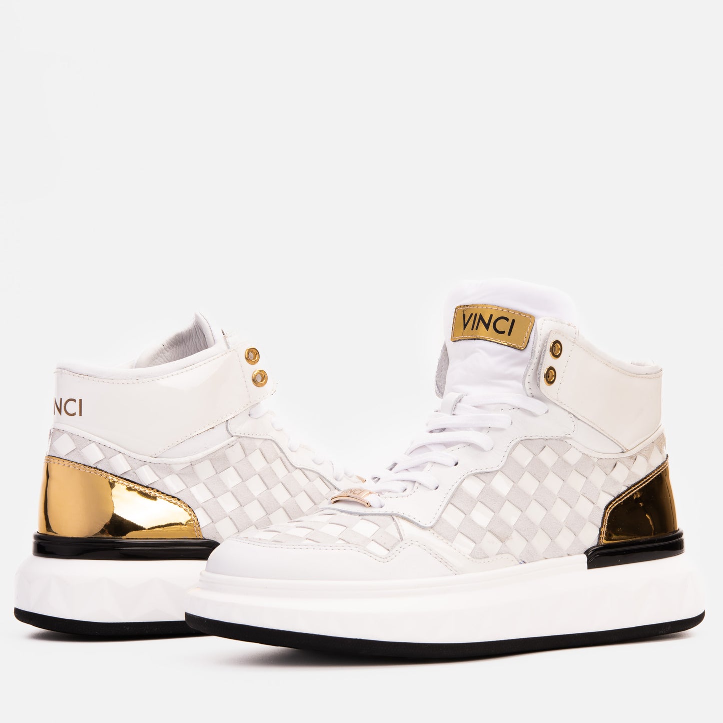 Zapatillas altas de cuero tejido blanco y dorado Eugene para hombre