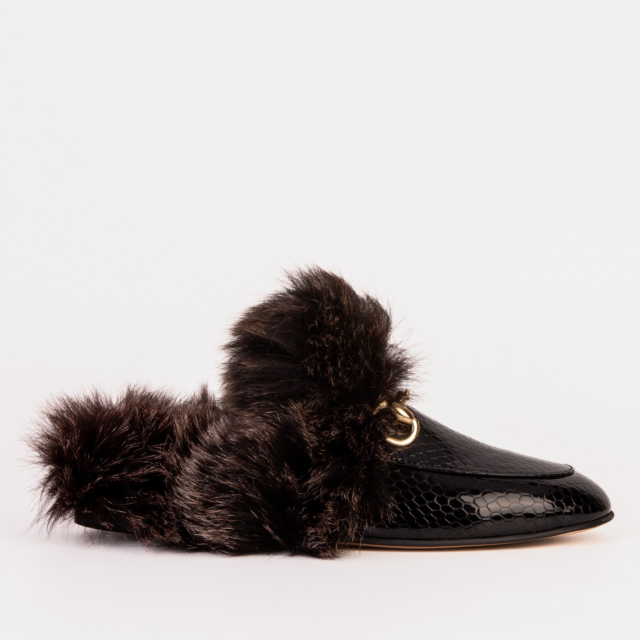 The Izmir Black Patent Leather Natural Fur Women Slipper – Vinci Leather Shoes