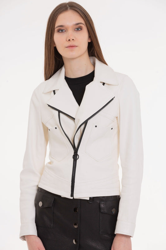 The Alomartes Women White Leather Jacket